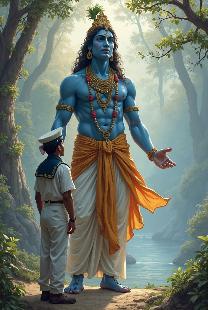 Mahadev standing behind chattrapati shivaji maharaj and chattrapati shivaji maharaj standing behind a boy of age 20