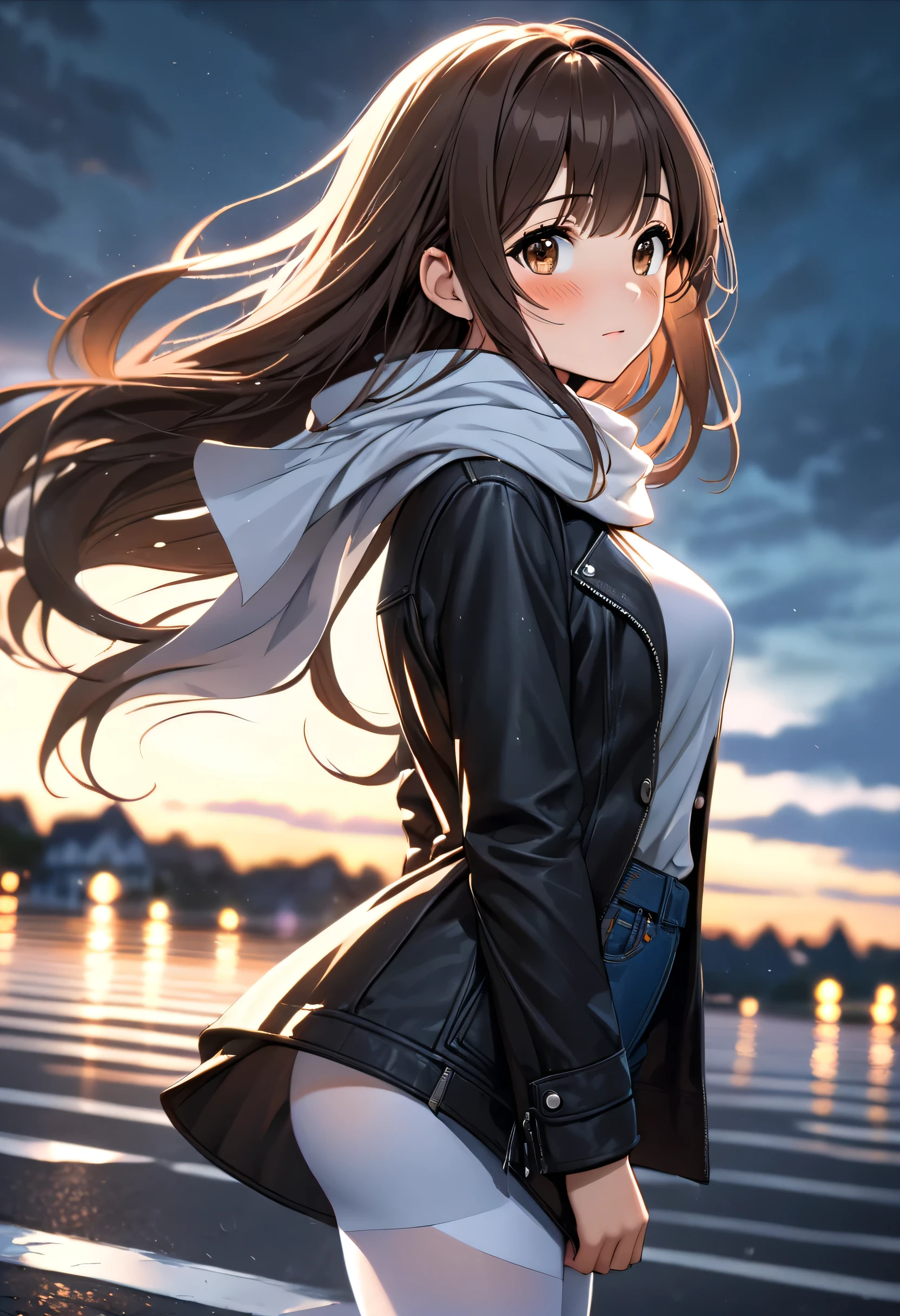 (((masterpiece, better quality, high resolution, UHD, perfect pixels, depth of field, 4k, RTX, hdr))), 1 girl, single, full body, alone,  beautiful anime girl ,  half body, beautiful artistic style, anime character breasts, ((serene expression, childish gaze, beautiful face), (long hair loose up to her back rippling in the wind, bangs, Dark brown hair)), (brown eyes: 1.4,  not-so-rounded eyes , beautiful eyelashes,), (Detailed face, blush: 1.2), (smooth texture: 0.75, realistic texture: 0.65, photorealistic: 1.1, anime cg style), perfect body, medium breasts, foreground, (She is standing walking it's almost nighttime, behind her there are residential houses and the almost dark sky), (wears denim plank minfalda that ripples in the wind, white stockings above the knees,  black leather jacket ,  white scarf  ) It's cold and cloudy since it's winter, Are you standing on the asphalt floor, looking at the viewer