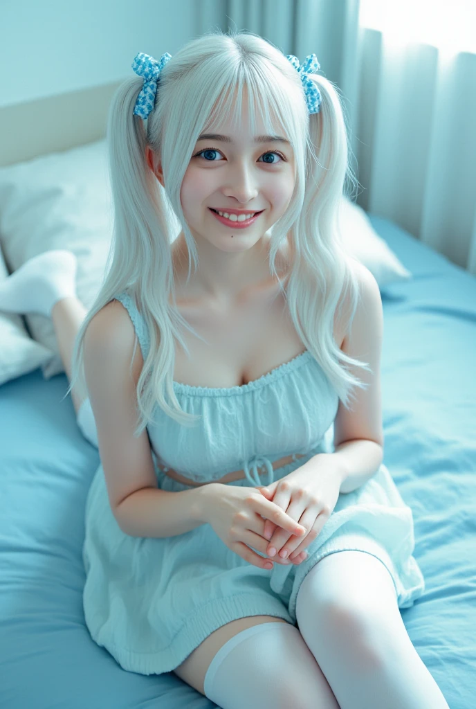 white hair，loli，Smile，Petite and delicate，Blue eyes，Black simple clothing，Well-behaved and cute，Innocence，Indifferent expression，gentle