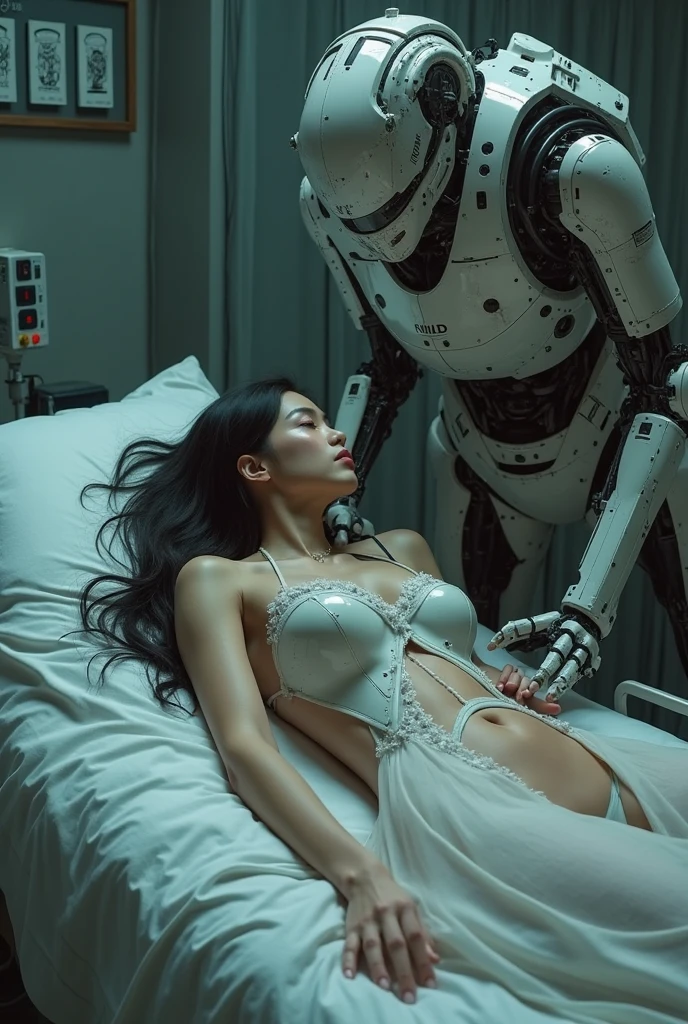 In a spaceship, A humanoid alien pulls a beautiful, sleeping, naked, young European brown-haired woman out of a metal polystyrene capsule, has a barcode tag on his arm, Hyper-realistic image quality