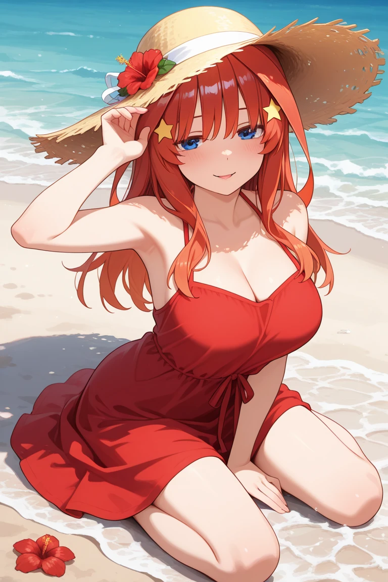 1girl, Anime girl with long hair, anime moe art style, Anime visuals of cute girls, Anime Best Girl, itsuki nakano fanart, pretty anime girl, Smooth Anime CG Art, Seductive Anime Girl, charming anime girls, Cute anime girl, Shining eyes, big boobs, ((looking at viewer)), (((((happy))))), close up, red hair, blue eyes, (((red bikini))), beach, ahago, ((straw hat)), ((sitting)), sun, sunlight, beach, seaside