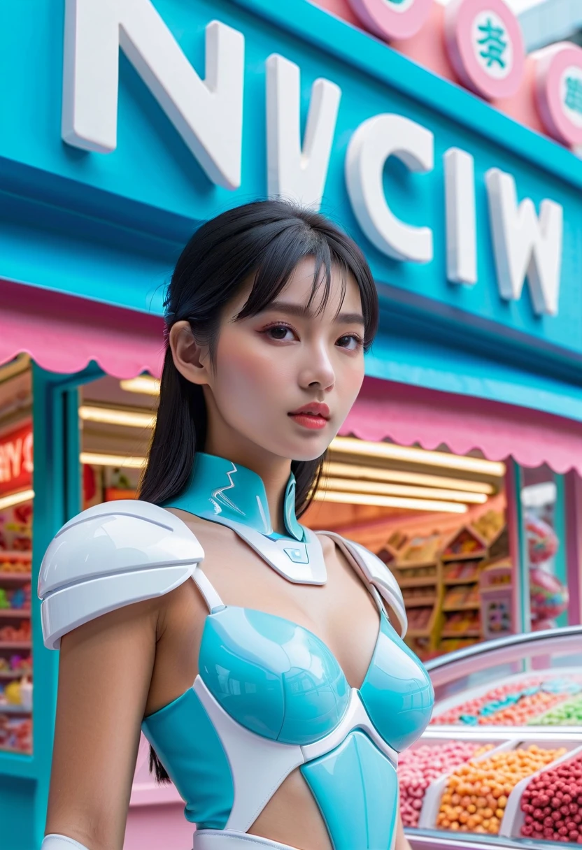 Close-up, future city, candy store, ice shop, futuristic streetscape, one girl named Mai standing there, clothes worn in future fashion