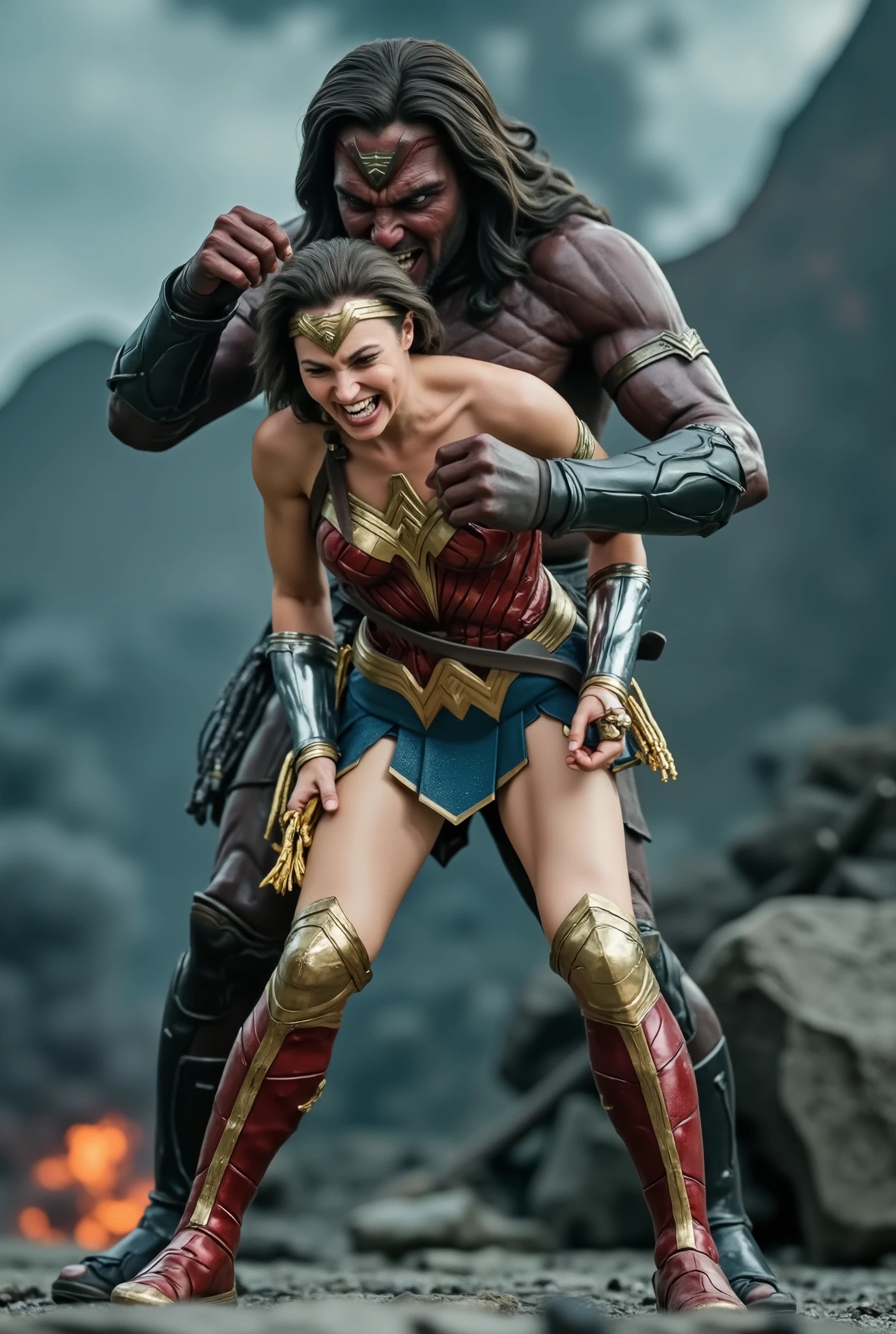 Gal Gadot as Wonder woman, she is bend over, (upskirt), she's crying, she's screaming in pain, a strong devil is doing sexual intercourse from behind, fierce devil push his penis into her skirt and fucking harder and harder, volcano scene,