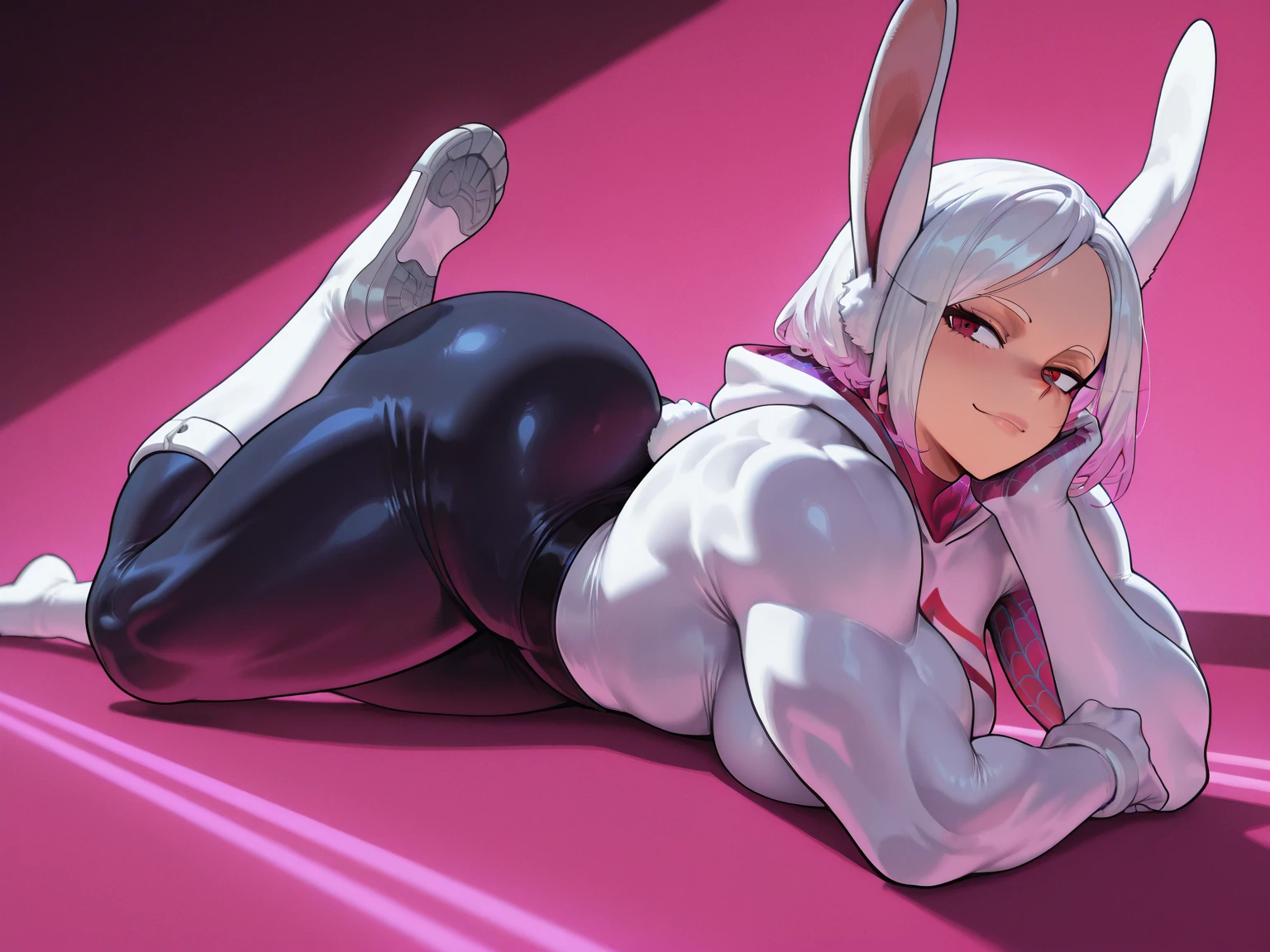 [Miruko], [Boku no hero academia], ((masterpiece)), ((HD)), ((high res)), ((solo portrait)), ((low angle view)), ((detailed shading)), ((intricate details)), [(athletic figure), (brown skin), (beautiful maroon eyes), long white hair, long eyelashes, (long rabbit ears), (defined muscles), (toned figure), (beautiful legs), (cute soft feet), (smug grin)}, {(hero costume), (white leotard), (purple thigh-highs), (toeless stirrup socks)}, {(squatting), (looking in the distances)}, [ambient lighting, gym, workout equipment, light rays]