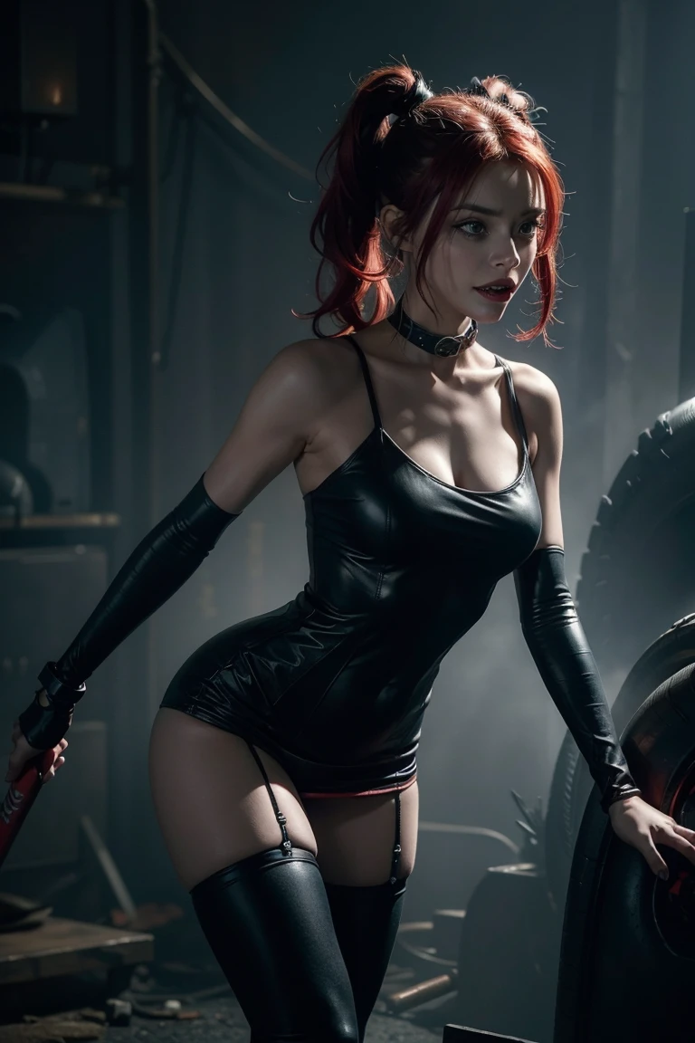 8k, masterpiece, RAW photo, best quality, photorealistic, extremely detailed CG unity 8k wallpaper, Depth of field, Cinematic Light, Lens Flare, Ray tracing, (extremely beautiful face, beautiful lips, beautiful eyes), intricate detail face, ((ultra detailed skin)), ((1girl:1.6)), ((alone:1.4)), ((standing)), at night inside a grunge warehouse, deep shadow, [Raiana-Elizabeth-Dilla], pretty girl, (very slim slender fit-muscled body:1.3), ((beautiful legs:1.4)), ((looking at viewer)),(big smile:1), (sexy ((see-through)) ((ultra-short ((red:1.1)) punk-style uniform))), ((dark scenery,nightlife,urbanlife)), (dark and moody lighting,industrial decay,urban texture,vivid colors,raw and gritty details,rusty metal,peeling paint,dusty atmosphere,broken windows,abandoned objects,loneliness and solitude,worn-out furniture,cracks and crevices,graffiti-covered walls,harsh and dramatic lighting,unpredictable angles,concrete floors,dirt and debris,smudges and stains), (blurred background:1.4), ((without people in the background:1.5)), beautiful earrings, bracelets, necklace, red pendant, clear eyes, ((tattoos)), (pale skin), (face forward), ((full-body:1.8, cinematic shot)), soft lighting, (long black hairs), (looking at viewer:1.8), cleavage breasts, (large breasts:1.6), touching the breast, highly detailed, ultra realistic, extremely detailed and realistic ((red:1.1)) clothes.