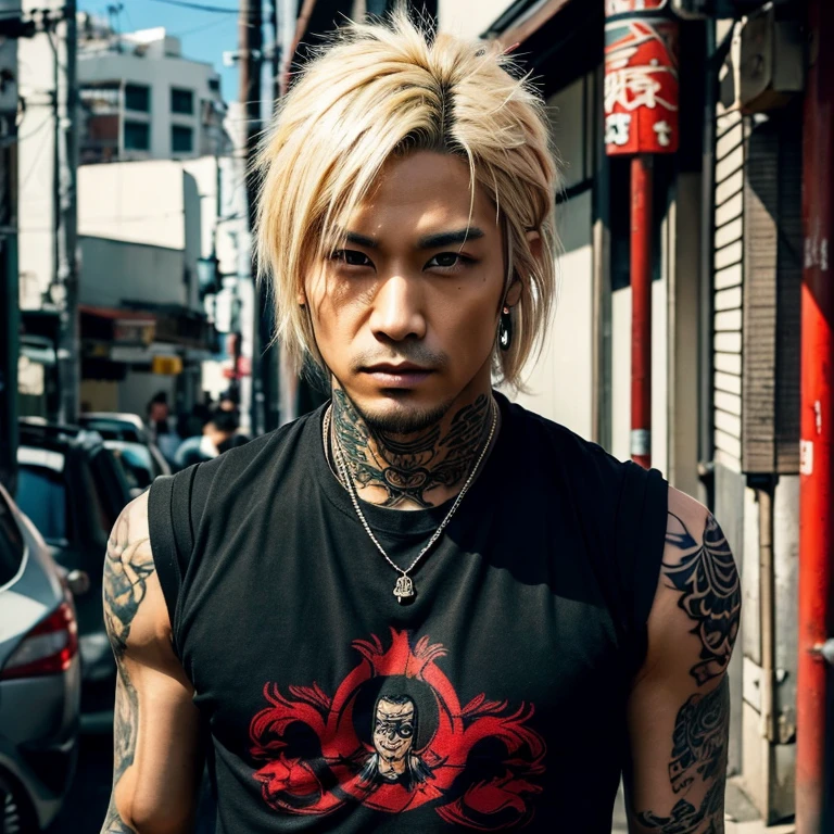 Japanese gothic rocker man, male, Asian eyes, muscular, broad shoulders, yakuza tattoos, hairstyle Visual Kei style, hair Visual Kei, black men's shirt and black pants, ultra detailed face, hyperrealistic, realistic representation,  30 years old, age 30 years,, blonde hair