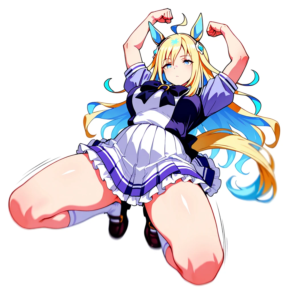 Regenerate,  long blonde hair, sleeveless, big breast, thick thighs, sitting on the floor showing top of her foot