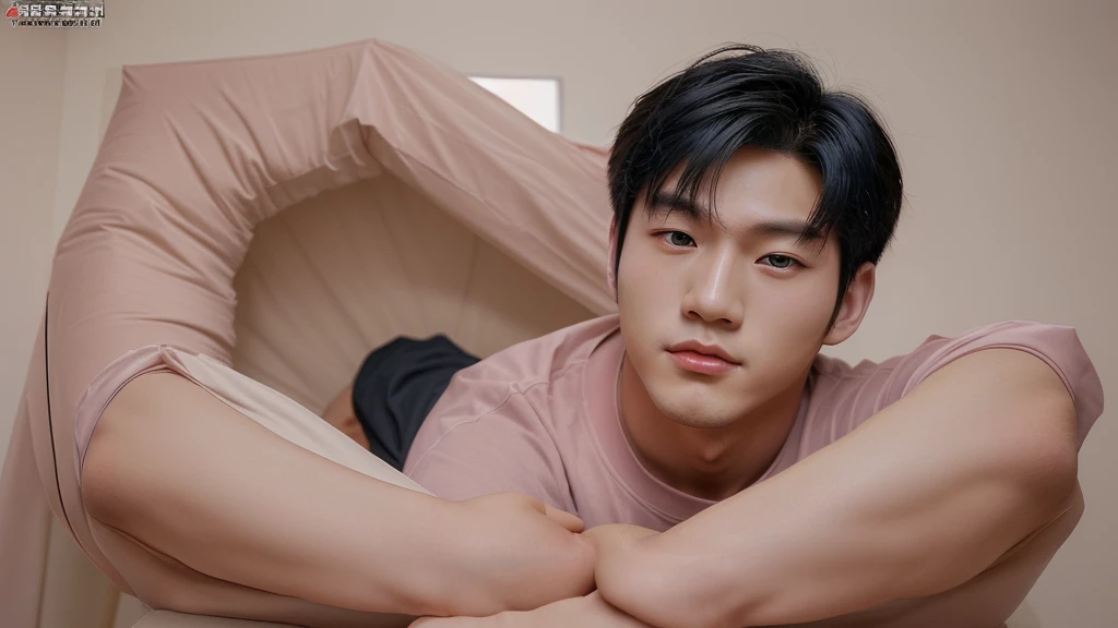 Cute young Korean boy lying in bed listening to music with his headphones, He is wearing a white sweatshirt and baggy pants.. pale skin