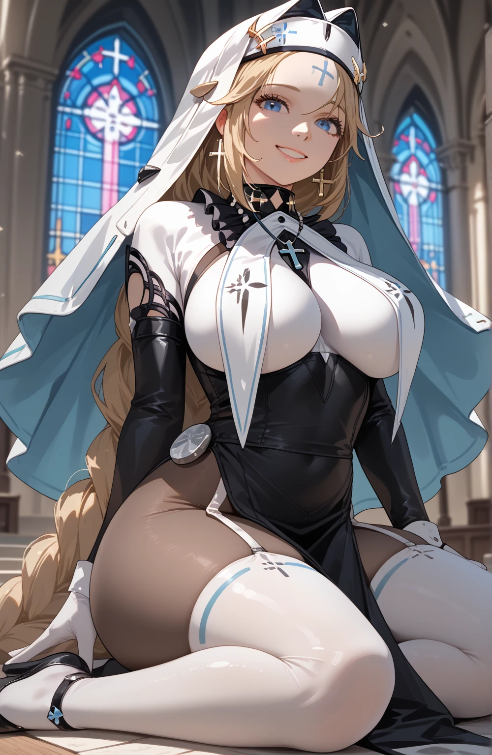 Camel Toe:1.4、(Sweat)、(vapor)､(((Long gloves:1.3)))、、Knee-high socks、Open your thighs wide to the left and right､Squats on the ground、Showing your crotch to the audience, ((Maid clothes、, Spread your legs:1.3,  ))、1、Absurd、、golden headband、Flat lighting、Elevation、Sexy pose、highest quality、Complex、Surreal、perspective, Very detailed, Detailed Background, shape、1 girl、alone、Big Breasts、A light smile, Embarrassing, blush, (()), Long gloves、Elbow hand pockets、Nipples、Sexy、