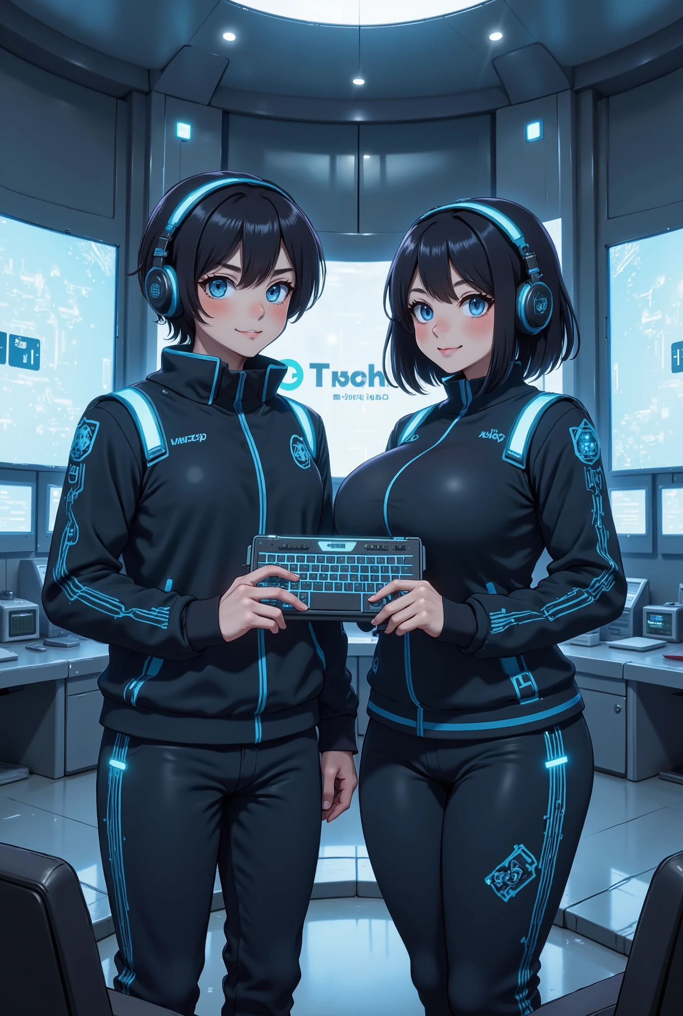 best qualtiy:1.0),(超高分辨率:1.0),animemanga girl,with short black hair,blue color eyes,Sit in front of the computer and play games,The background is in the esports room,pregnant belly,Pregnant belly