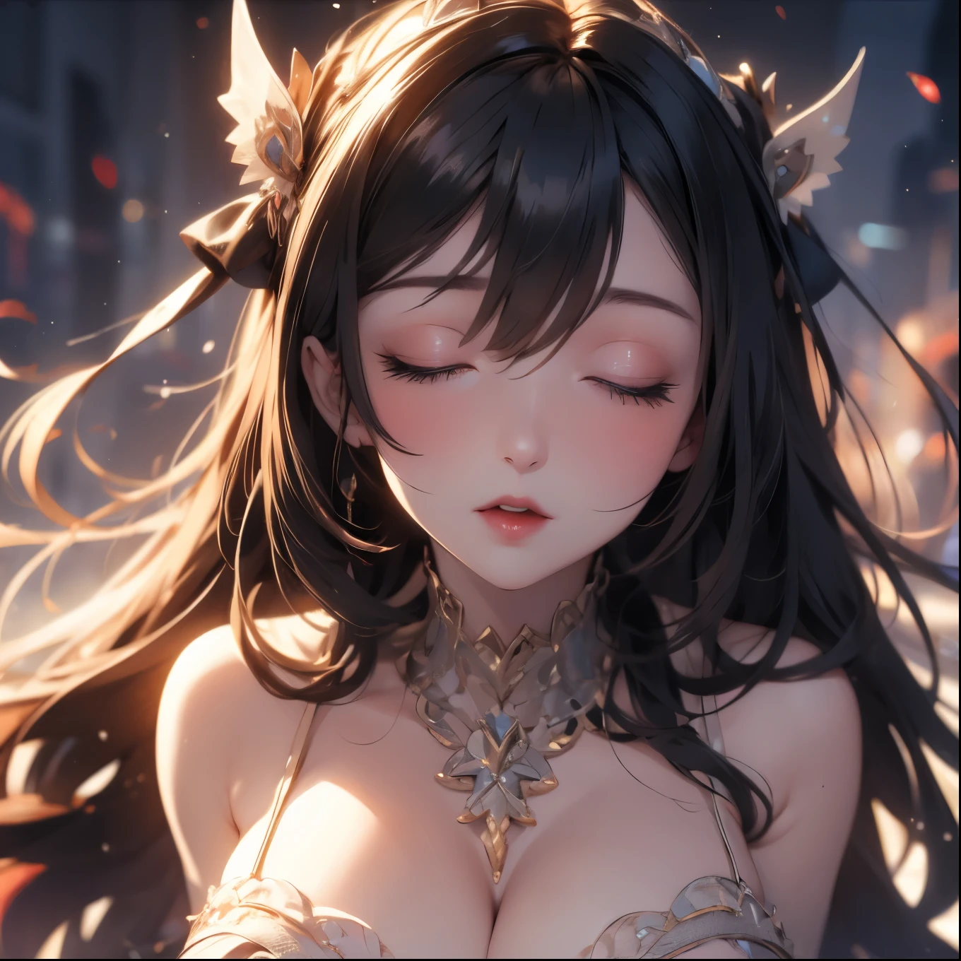 Ninomae Ina'nis, VTuber, gold tiara on her bangs, white roses, ornament hair, white roses on her hair, angel, perfectly body, perfectly hands, multicolored hair, violet hair, orange hair, long hair, garden scenery, gold lantern, wedding dress, white dress, a dress with layers, a lot of frills, more details on her clothes, golden details on the dress, night, ((4k, masterpiece, top-quality)),8k, best quality, high resolution, HD, (illustration:0.8), super cute girl, delicate and beautiful face, 1girl, solo, mature girl, super cute hairstyle, (beautiful detailed eyes:1.6), extremely detailed face, perfect lighting, extremely detailed CG, (perfect hands, perfect anatomy), super complex details, intricate details, Best quality, cleavage, clothes lift, skirt, lying, full Body, perfect body ,sitting, two legs, two arms, two hands, five fingers