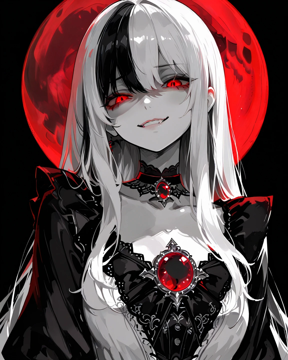 1girl, Masterpiece, Long hair, Black and White Hair, Red Moon Brooch, Red eyes, Evil smile, Black long-sleeved blouse, with a sweetheart neckline, large black choker, Black background, background with a red moon.