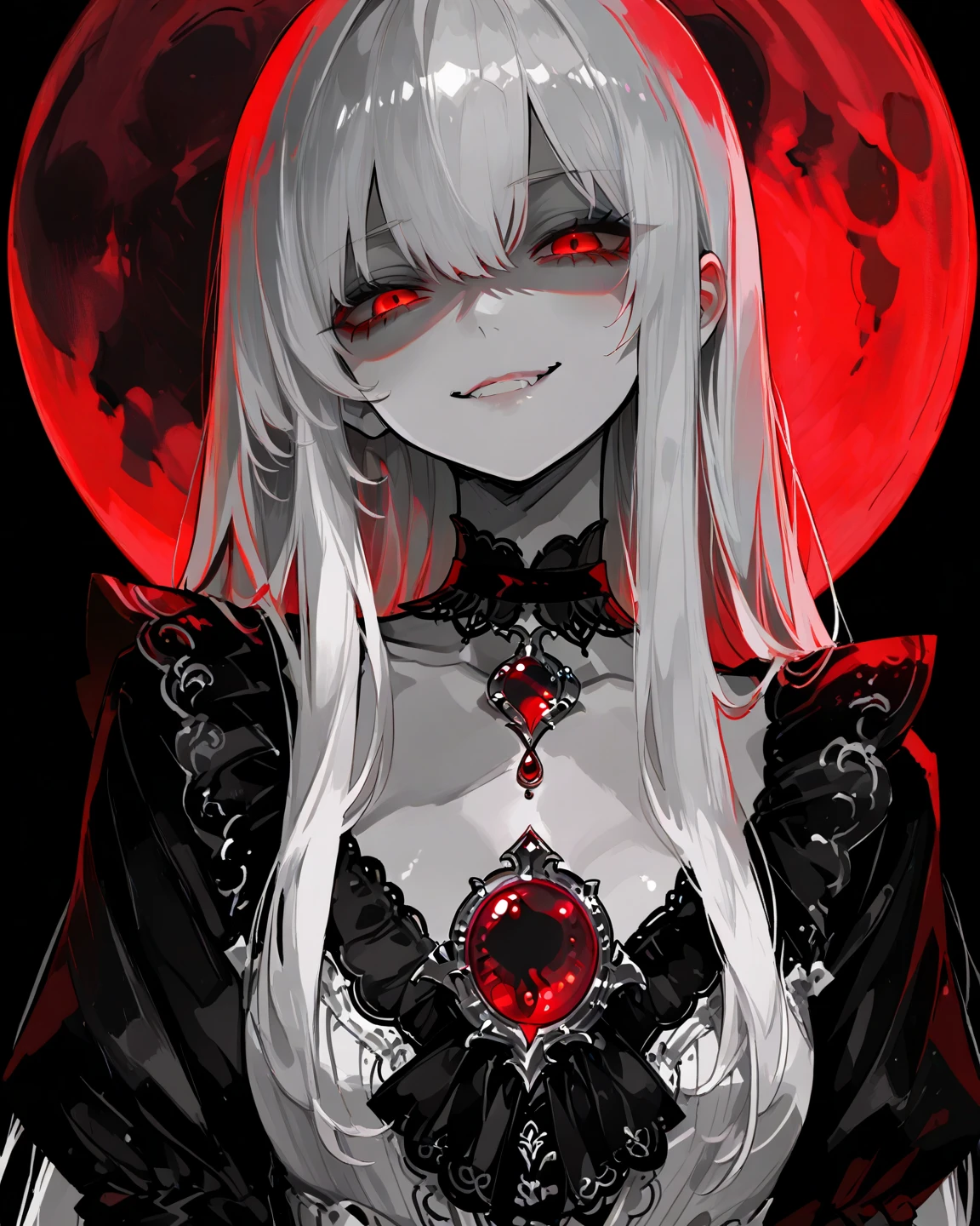 1girl, Masterpiece, Long hair, Black and White Hair, Red Moon Brooch, Red eyes, Evil smile, Black long-sleeved blouse, with a sweetheart neckline, large black choker, Black background, background with a red moon.