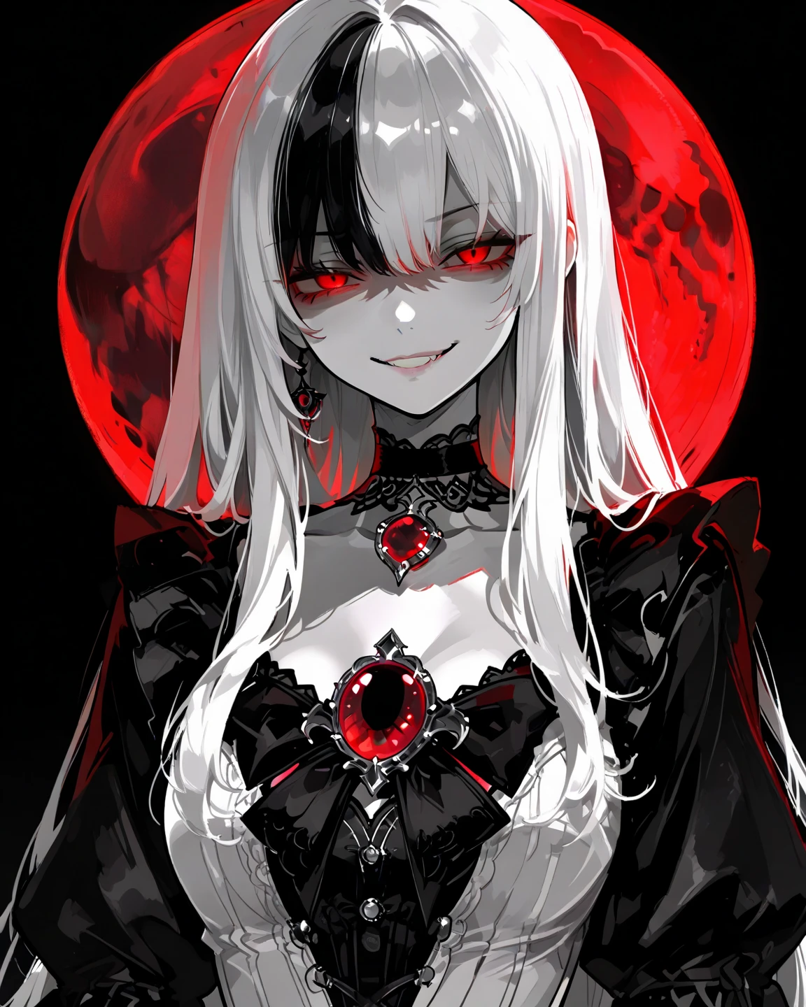 1girl, Masterpiece, Long hair, Black and White Hair, Red Moon Brooch, Red eyes, Evil smile, Black long-sleeved blouse, with a sweetheart neckline, large black choker, Black background, background with a red moon.
