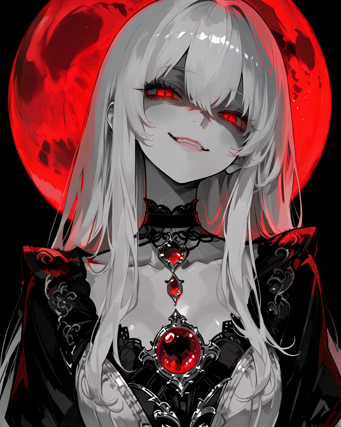 1girl, Masterpiece, Long hair, Black and White Hair, Red Moon Brooch, Red eyes, Evil smile, Black long-sleeved blouse, with a sweetheart neckline, large black choker, Black background, background with a red moon.