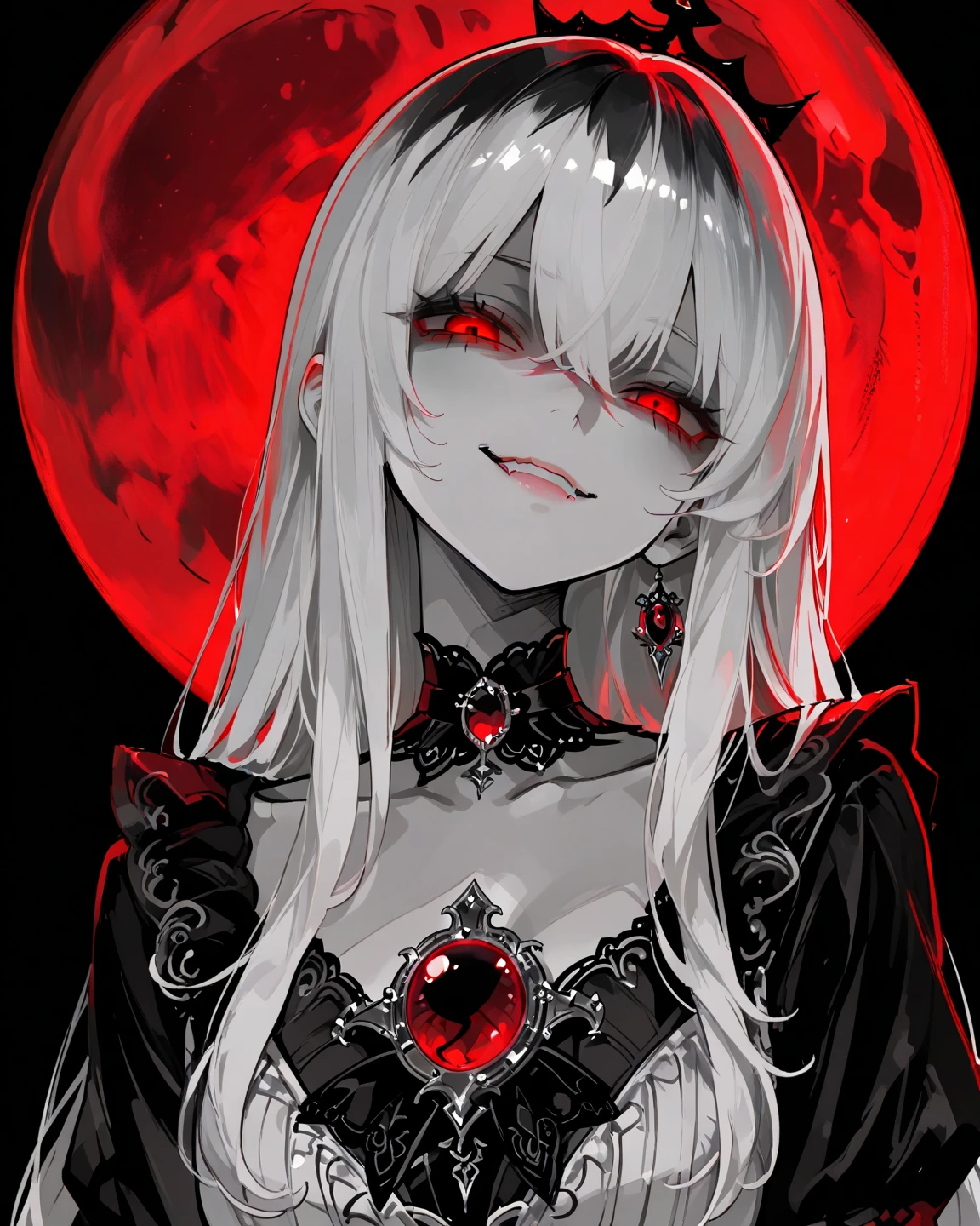 1girl, Masterpiece, Long hair, Black and White Hair, Red Moon Brooch, Red eyes, Evil smile, Black long-sleeved blouse, with a sweetheart neckline, large black choker, Black background, background with a red moon.