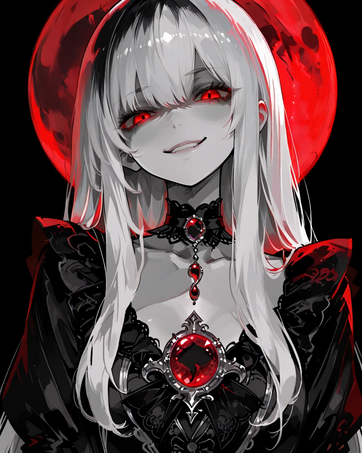 1girl, Masterpiece, Long hair, Black and White Hair, Red Moon Brooch, Red eyes, Evil smile, Black long-sleeved blouse, with a sweetheart neckline, large black choker, Black background, background with a red moon.
