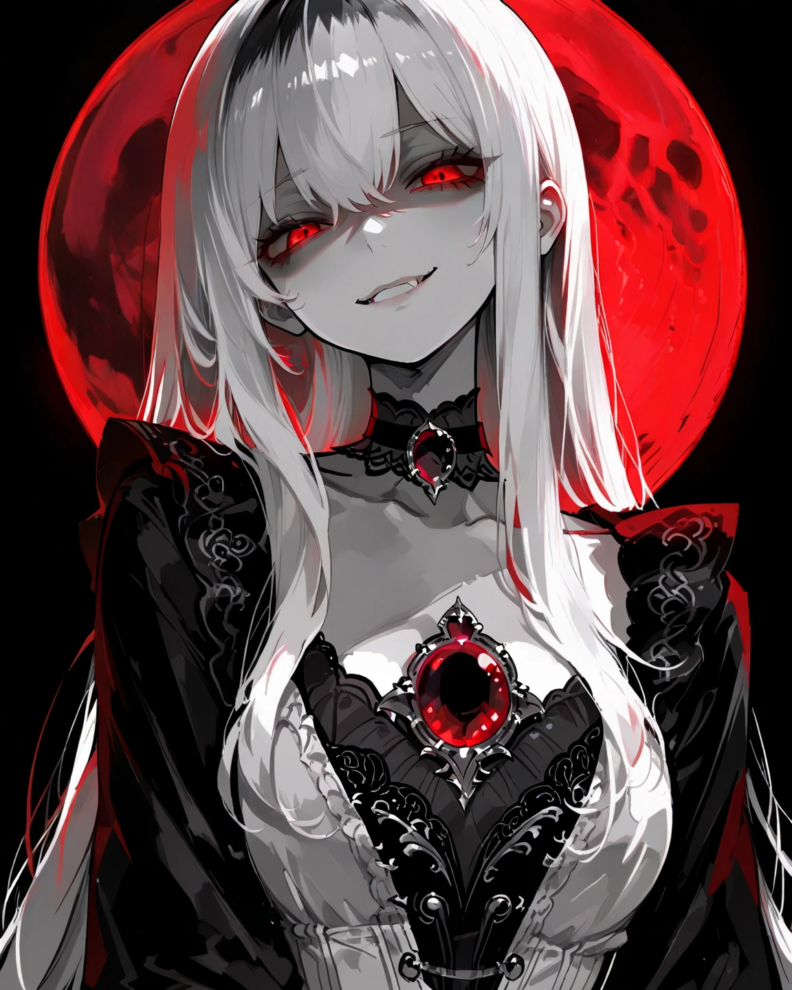 1girl, Masterpiece, Long hair, Black and White Hair, Red Moon Brooch, Red eyes, Evil smile, Black long-sleeved blouse, with a sweetheart neckline, large black choker, Black background, background with a red moon.