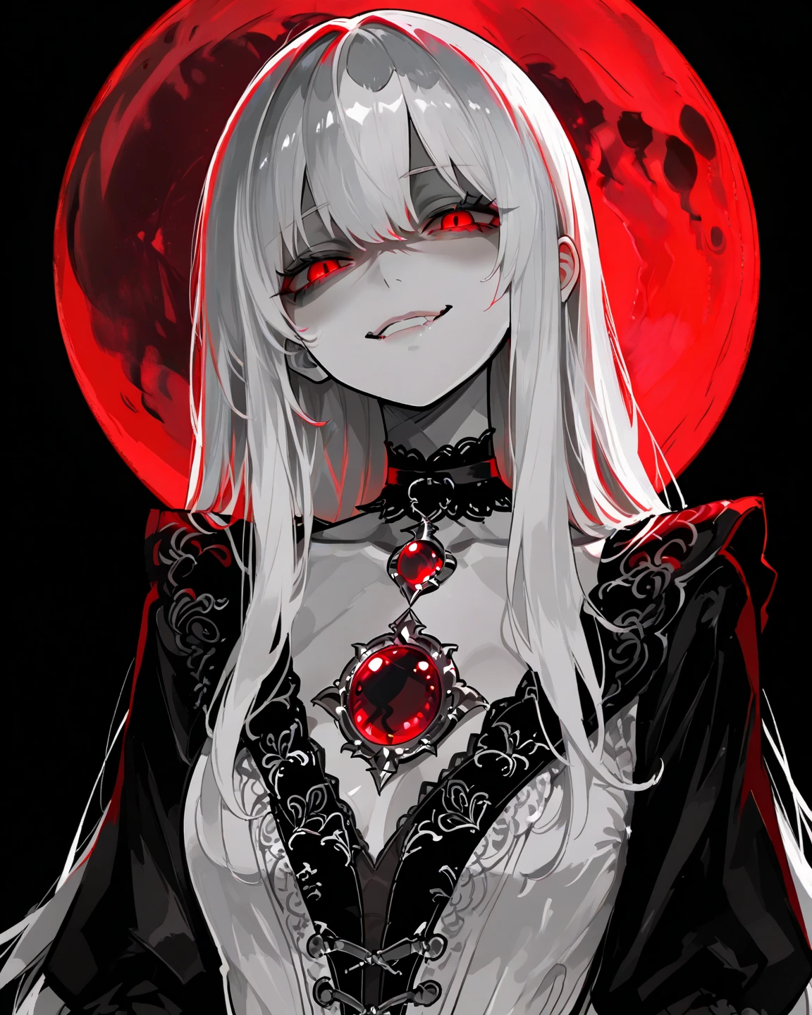 1girl, Masterpiece, Long hair, Black and White Hair, Red Moon Brooch, Red eyes, Evil smile, Black long-sleeved blouse, with a sweetheart neckline, large black choker, Black background, background with a red moon.