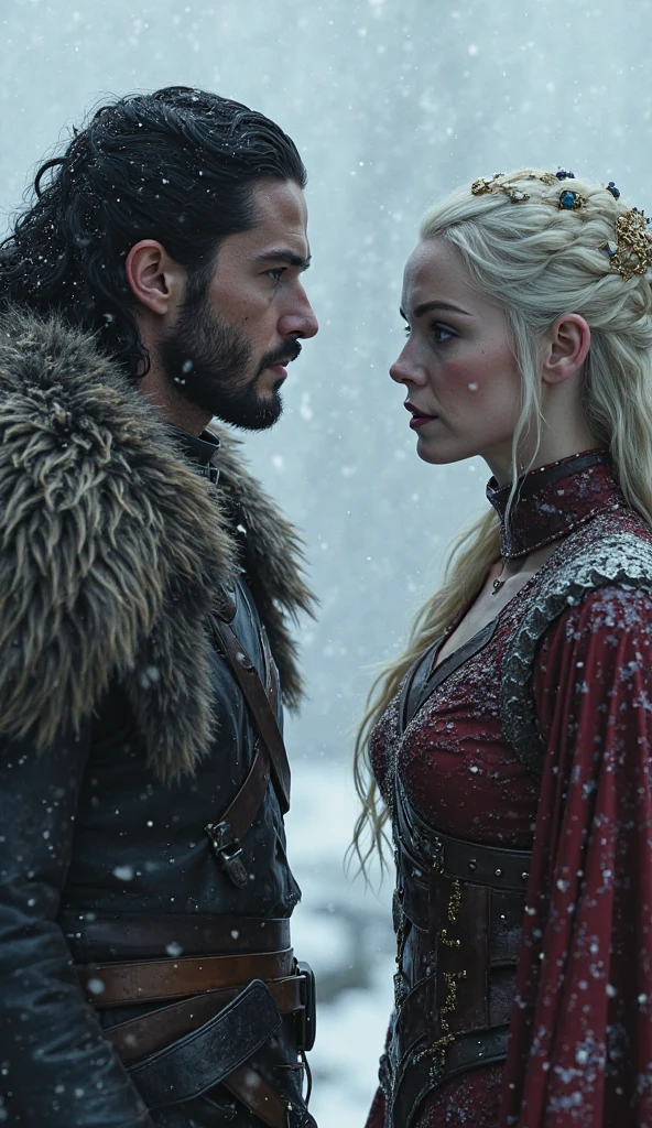 A blonde woman with golden threads, 20 year, Sansa Stark style, chained, thick and strong currents, holding your neck, legs and arm, standing.
In front of him a 30 year old man, strong and tall style Jhon snow, shorth hair.
The young girl has one blue eye and one red eye. They are inside a cabin., the image shows the two of them face to face looking at each other. her arms and neck are full of thick chains holding her to the walls. They are talking a little apart