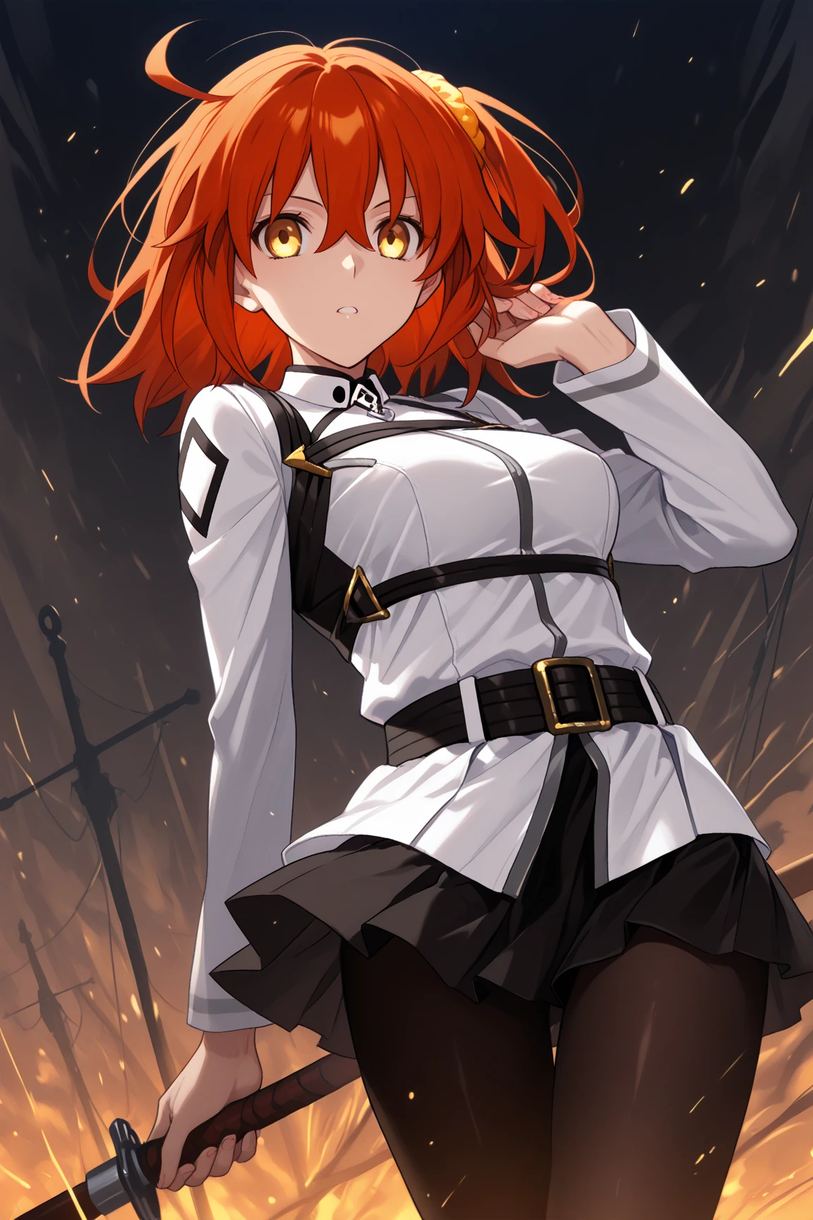 masterpiece, best quality, illustration, extremely detailed 8k CG, highres, absurdres, <lora:gudako2-000008:1>, 1girl, solo, vivid colour, orange hair, short hair, grey miniskirt,  solo, black gloves, serious, expressionless, beautiful, amazing, beautiful detailed eyes, ahoge, depth of field, dynamic pose, beautiful detailed lighting, cinematic lighting, yellow eyes, looking at viewer, standing