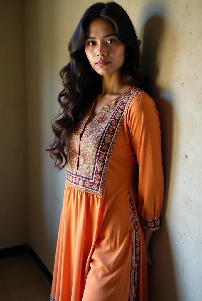 pakistani woman, slums, sexy woman wearing tight satin kurta, short tight satin sleeves, fit curvy, sexy