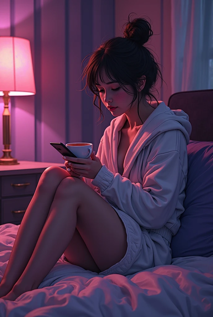 masutepiece, Best Quality, 1 girl, Solo, effect, Dark background, Girl answering phone call in bed with solemn expression evening room --auto