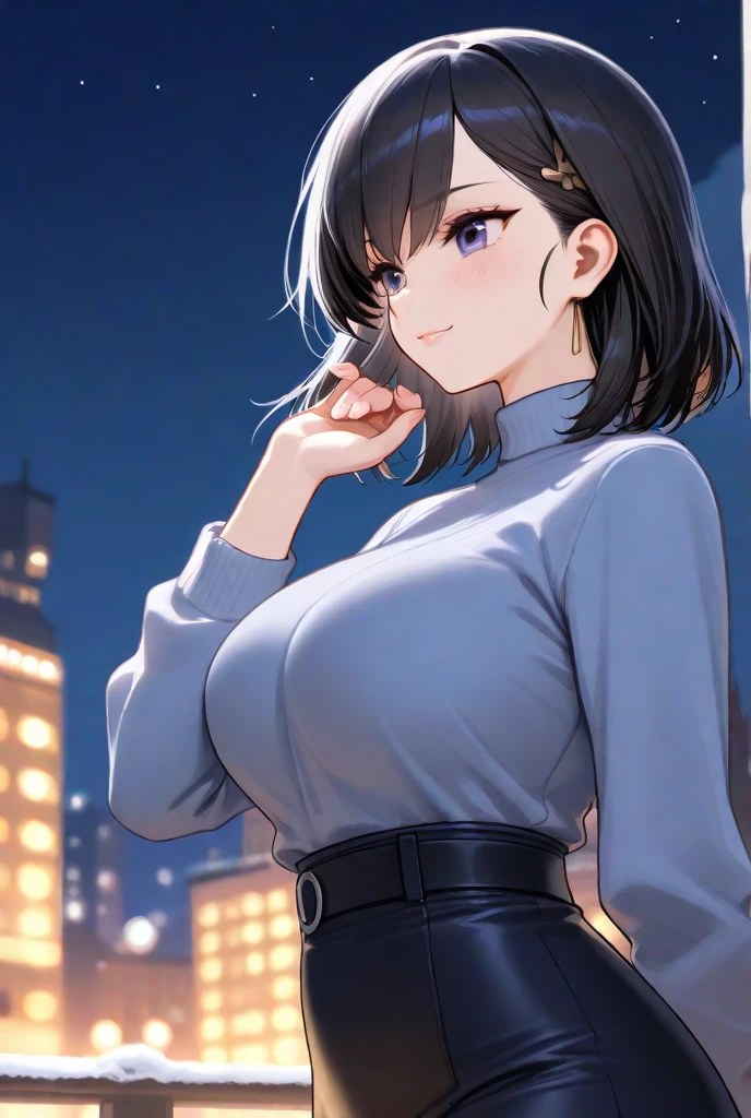 a 20 yo woman、(masterpiece:1.4)、(top-quality:1.4)、(Real Face:1.2)、(real looking skin:1.1)、超A high resolution、A hyper-realistic、high detailing、Brown eyes、Black hair short bob、耳环、Black collared shirt、skirt by the、(huge-breasted:1.5)、Looks Back、Rear view、a smile、On the rooftop、natta、huge moon