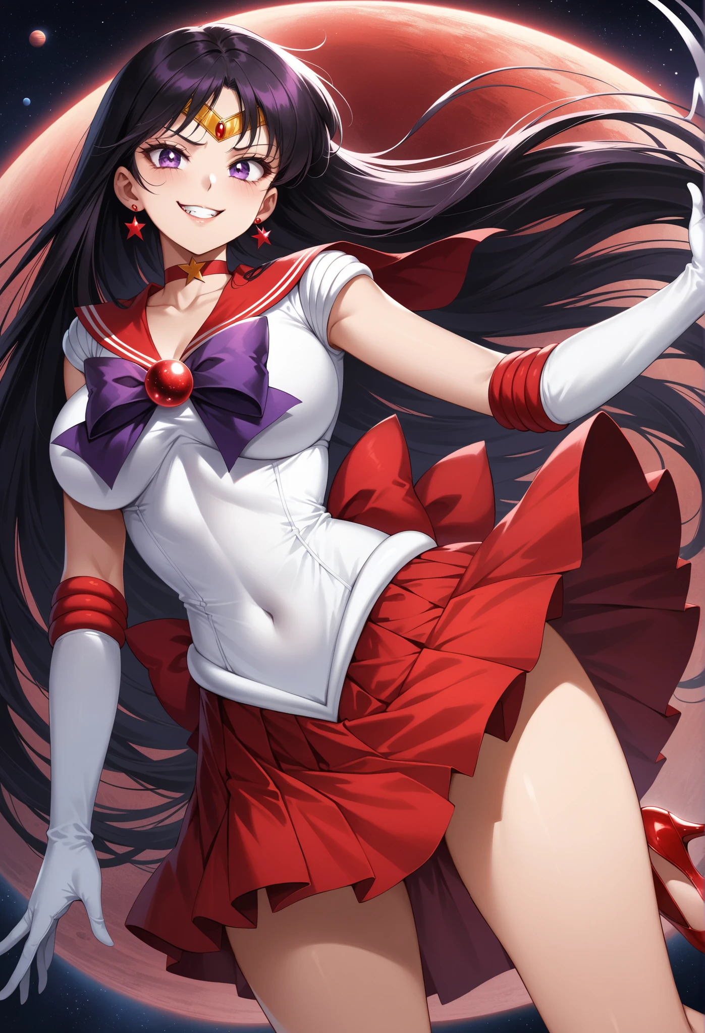 (masterpiece, best quality, very aesthetic, ultra detailed), intricate details, 4k, aamars, long hair, black hair, tiara, earrings, red choker, red sailor collar, purple bowtie, white shirt, elbow gloves, white gloves, pleated skirt, red skirt, bare legs, red heels, evil smile, space, stars, planets, giga giantess, front below,