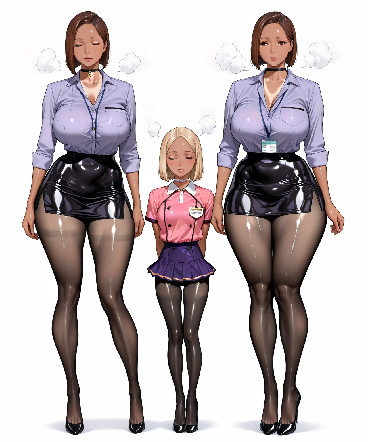 Photo of two older men and a woman in a bikini walking down a hallway, Genitals are visible, tits, Shiny white bikini, Shiny white boots, Realistic proportions SFW, super exaggerated proportions, Bikini that penetrates the genitals, Sweaty thighs, Sweaty thighs, Sweaty, School corridor, 中School corridor, 濡れたシャツにtitsが見える