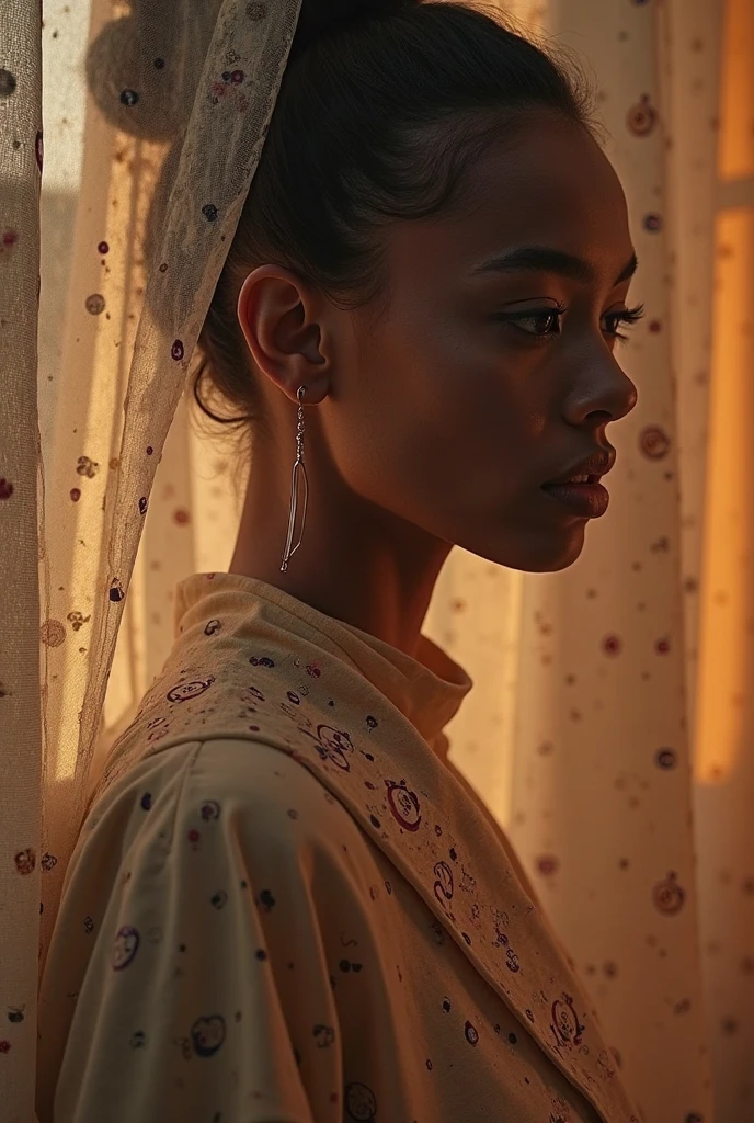 very super hyper realistic close up portrait of a beautiful ((black dark skinned)) 27 year old ((African female)) in large foggy high ceiling museum with large windows, woman looking through glass to photographer, sun rays through the windows, super realistic facial features, colourful futuristic clothes, sunny, raw, epic, film stock, low contrast, moody, eerie, brightly lit, African woman wearing flowing robes— shot on Kodak Ektar 100, ground level view, dark natural lighting, epic photograph, 4k, ((off camera flash)) - shot with in a ((creative camera angle)) to produce round effect with blur at edges — Leica M6, Kodak Portra 400 film, 50mm lens, with ((double exposure and long exposure techniques)) ((motion blur))) —Emmanuel Lubezki, Gordon Parks, Daido Moriyama, and Akinbode Akinbiyi