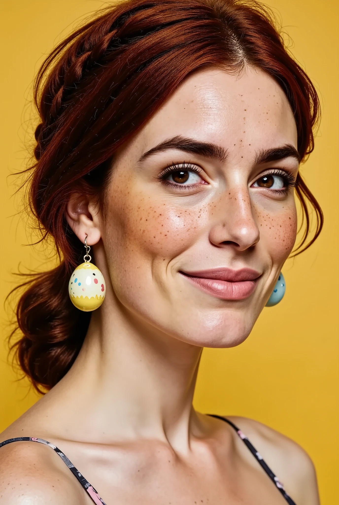 photorealistic close-up, fashion magazine style, featuring earrings with small colourful easter eggs dangling from her ears. Beautiful British woman against a smoky yellow background, braided up hairstyle. Slight smile.