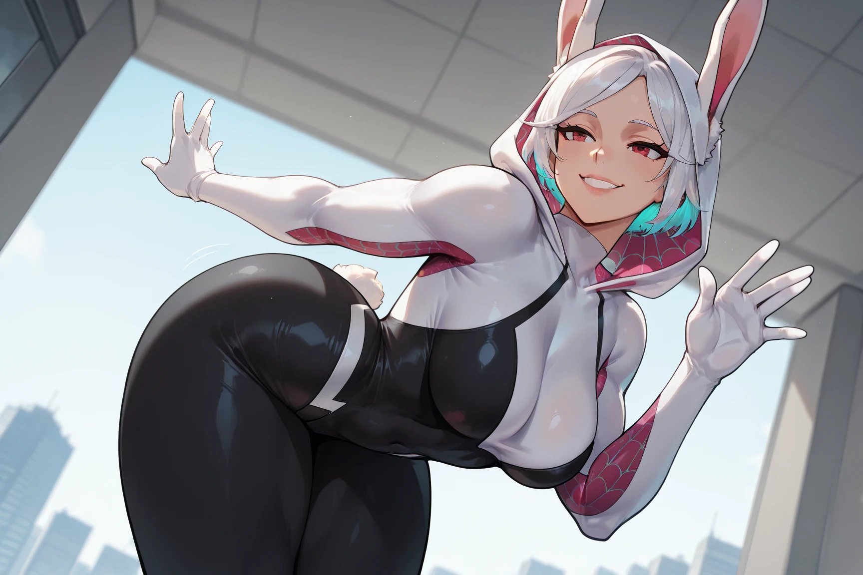 Best Quality, masterpiece: 1.2, (realist, fotorrealist: 1.4), (masterpiece: 1.4), 1girl, Alone, arms up, fringe, blush, bodysuit, breasts, bunny pose and legs open, clothing writing, Covered navel, cowboy photo, outdoor, headphones, breasts grandes, latex, Latex bodysuit, Long hair, long sleeves, looking at the viewer, breasts grandes, open mouth, pink suit, pink eyes, Red eyes, bright clothes, tight skin, smile, espacio entre thighs, thighs, White hair, (shiny skin), realist, ponytail, no rabbit ears