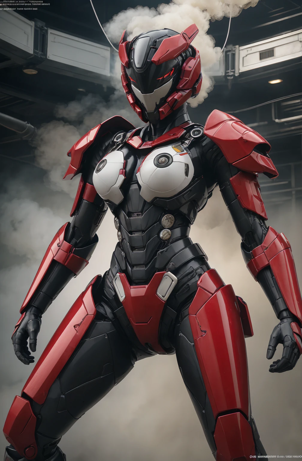 score_9, score_8_up, score_7_up, Wear mechanical clothing, Wonders of the machine, cyber, Cybernetic Guardian, Futuristic Armor, whole body, Front pose, Symmetric, Complex (Steel Metal [rust]), joint, Warframe style, cyborg, Female body and armor, red and white