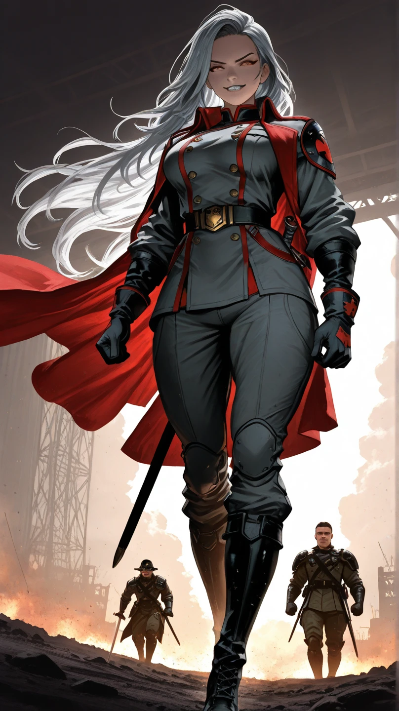 best quality, 4k, 8k, highres, masterpiece:1.2), ultra-detailed, extremely detailed eyes, extremely detailed body, (large masterpiece digital art), (detailed manga illustration), (detailed line art), ((perfect )), (intricate details:1.3), (ultra-detailed:1.3), (illustration:1.3), (sharp focus:1.3), (natural lighting:1.1), (vivid colors:1.3), (perfect composition), high quality, expressive intense amber eyes, full body, beautiful sharp face, perfect face, smirking expression, 1 girl, commanding presence, gloves, (), ((stylized military uniform)), form-fitting black double-breasted jacket with red trim and gold buttons, uniform shirt, detailed silver hair flowing past , (very long hair:1.3), ({pale almost translucent skin}), toned hourglass figure, gray tailored pants, thick muscular thighs, sleek black reinforced gloves, black calf-high combat boots, shoulder and arm plating armor, sword with bio-organic design on hip, dynamic pose, dramatic angle, cinematic lighting, 4k resolution, wind-swept hair and coat, battlefield or ((military base in the Carpathian Mountains)) background, subtle bio-tech elements, heroic and haunting atmosphere, Atey Ghailan, Greg Rutkowski, Jeremy Mann, Antonio Moro, trending on ArtStation, Marvel Cinematic Universe style, ntl_style