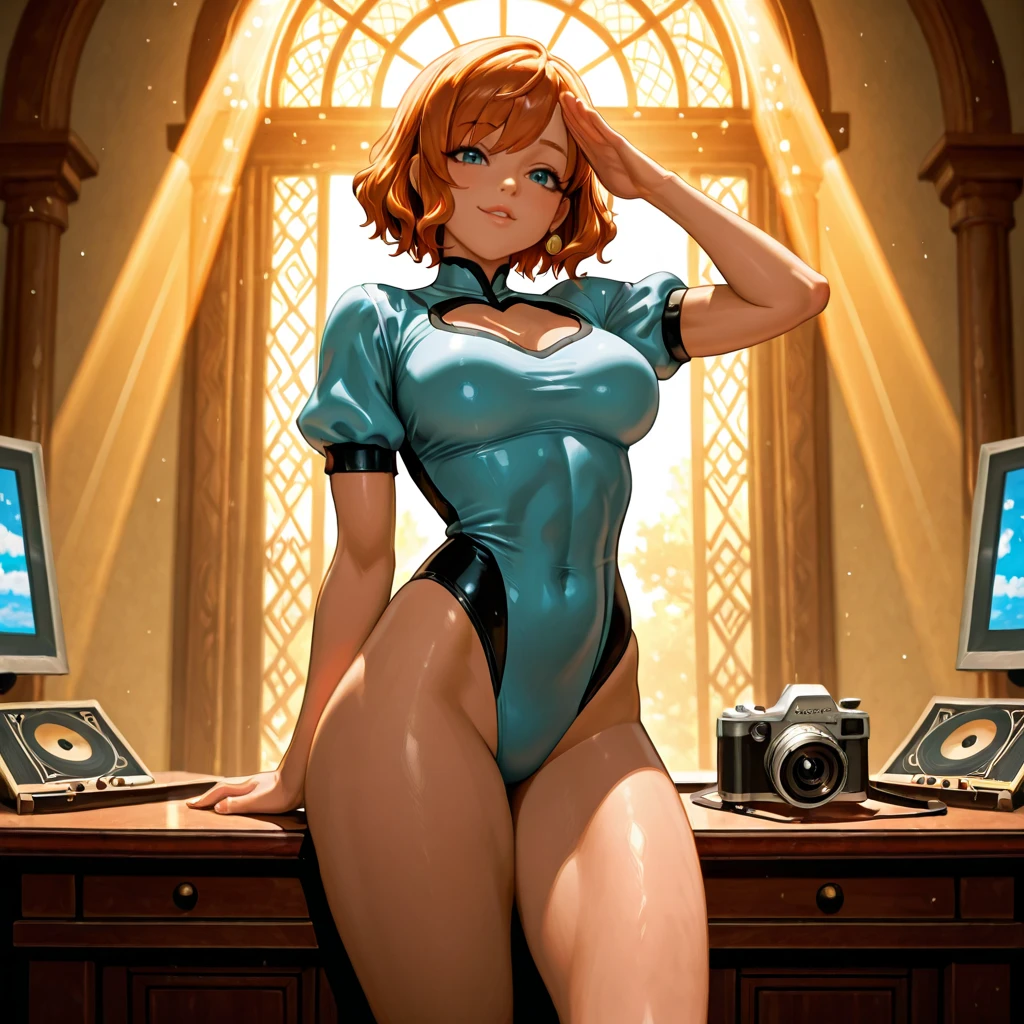 super high image, super detaill, super high resolution, gold gold latex rubber suit , transcendent erotic sexy beautiful 25 yo woman blonde glasses red hair, abdomen, perfect proportion, 苗条, standing in front, professional lighting