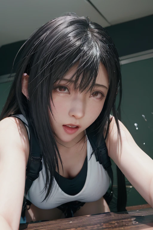 Tifa Lockhart,(((close up of face))),(cum on the face:1.3),open your mouth,view audience,white tank top showing belly button,Very short tight miniskirt with black suspenders,Black innerwear,,(((blank background))),one screen,absentmindedness,draw the face in detail,squat down on your knees,From above,frowning
