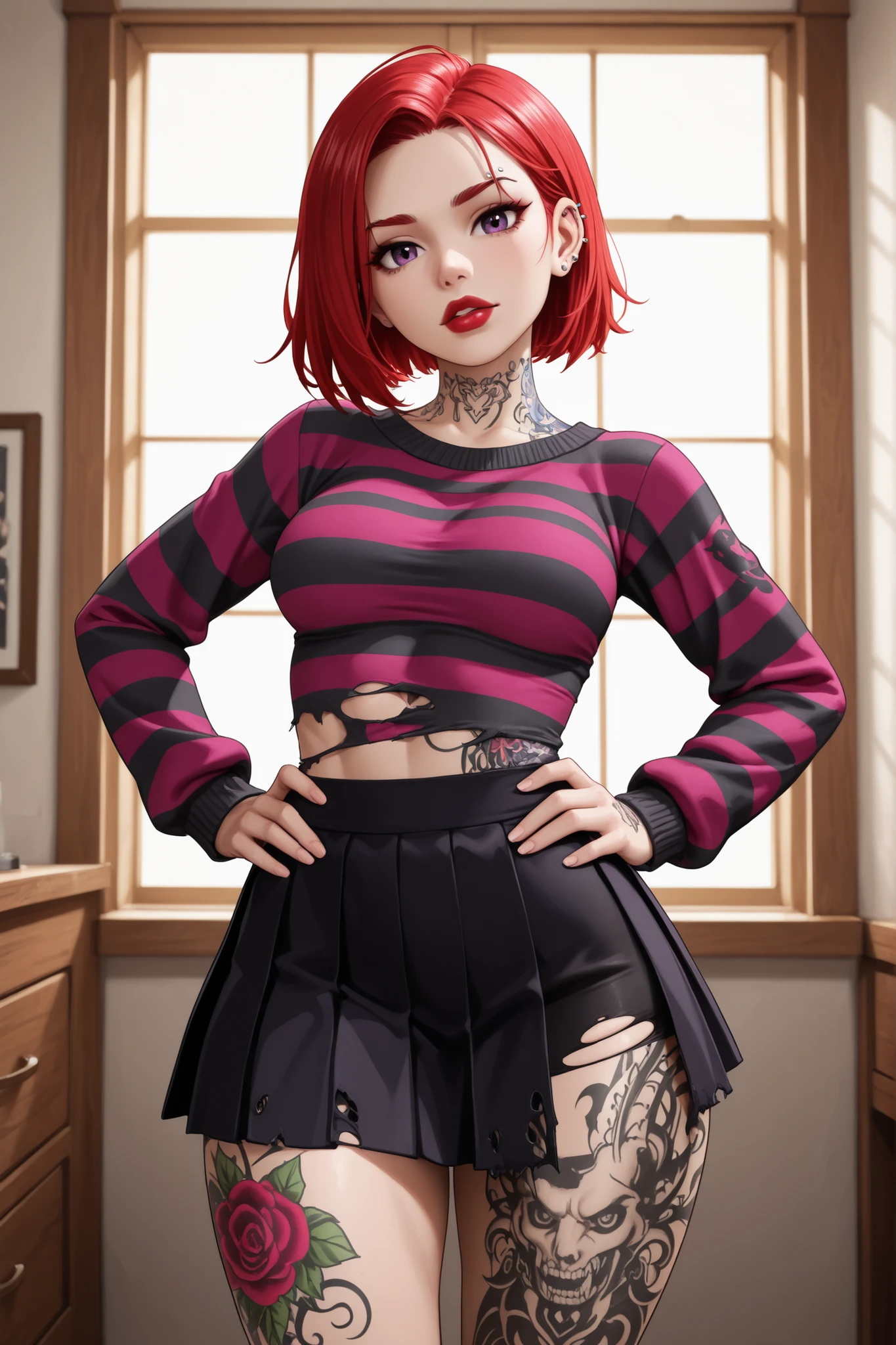 1girl, alt, alternative, alt girl, alternative girl, tattoos, neck tattoos, tattoo sleeve, covered in tattoos, leg tattoos, tattoos everywhere, completely covered in tattoos, arm tattoos, breasts, thick thighs, alt hair, indoors, bright purple and black striped sweater, tattooedgirl, red hair, skinny, hourglass figure, parted hair, piercings, red lips, short pleated skirt, ripped clothing, torn clothing, eyebrow piercing, looking at viewer, hands on hips, tight clothing, head tilt