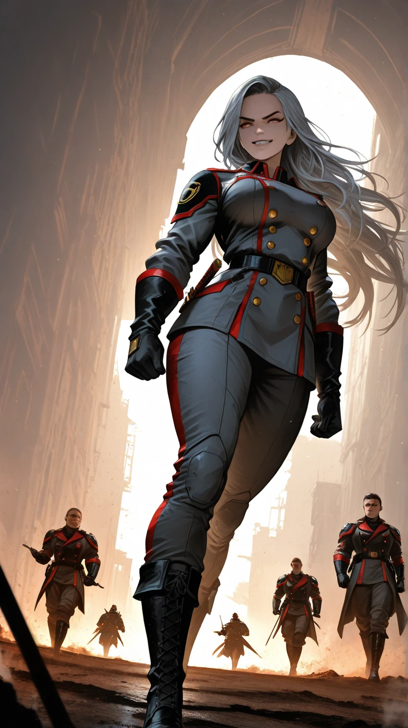 best quality, 4k, 8k, highres, masterpiece:1.2), ultra-detailed, extremely detailed eyes, extremely detailed body, (large masterpiece digital art), (detailed manga illustration), (detailed line art), ((perfect )), (intricate details:1.3), (ultra-detailed:1.3), (illustration:1.3), (sharp focus:1.3), (natural lighting:1.1), (vivid colors:1.3), (perfect composition), high quality, expressive intense amber eyes, full body, beautiful sharp face, perfect face, smirking expression, 1 girl, commanding presence, gloves, (), ((stylized military uniform)), form-fitting black double-breasted jacket with red trim and gold buttons, uniform shirt, detailed silver hair flowing past , (very long hair:1.3), ({pale almost translucent skin}), toned hourglass figure, gray tailored pants, thick muscular thighs, sleek black reinforced gloves, black calf-high combat boots, shoulder and arm plating armor, sword with bio-organic design on hip, dynamic pose, dramatic angle, cinematic lighting, 4k resolution, wind-swept hair and coat, battlefield or ((military base in the Carpathian Mountains)) background, subtle bio-tech elements, heroic and haunting atmosphere, Atey Ghailan, Greg Rutkowski, Jeremy Mann, Antonio Moro, trending on ArtStation, Marvel Cinematic Universe style, ntl_style