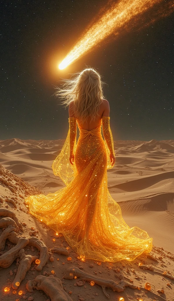 Desert Diamond, Beneath a canopy of a million stars, a woman in a gown of shimmering gold stands atop a windswept dune. The sand stretches out like an endless ocean, reflecting the celestial light, while her dress dances in the desert breeze, each sequin a tiny shard of moonlight. A whisper of ancient magic hangs in the air, weaving through the threads of her garment as she gazes towards a horizon painted with the promise of a new dawn.
,Eye-level angle (from behind) view Extreme Distance shot <lora:EleonoraV2:1>