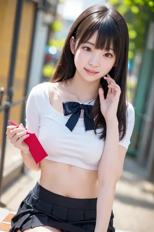 A 18yo girl, blush and smile, lean back on wall, facing viewer, looking at viewer, smooth fair skin, midriff, suspenders, grey shirt, black bowtie, blue short, detail hand, Oozora Subaru,