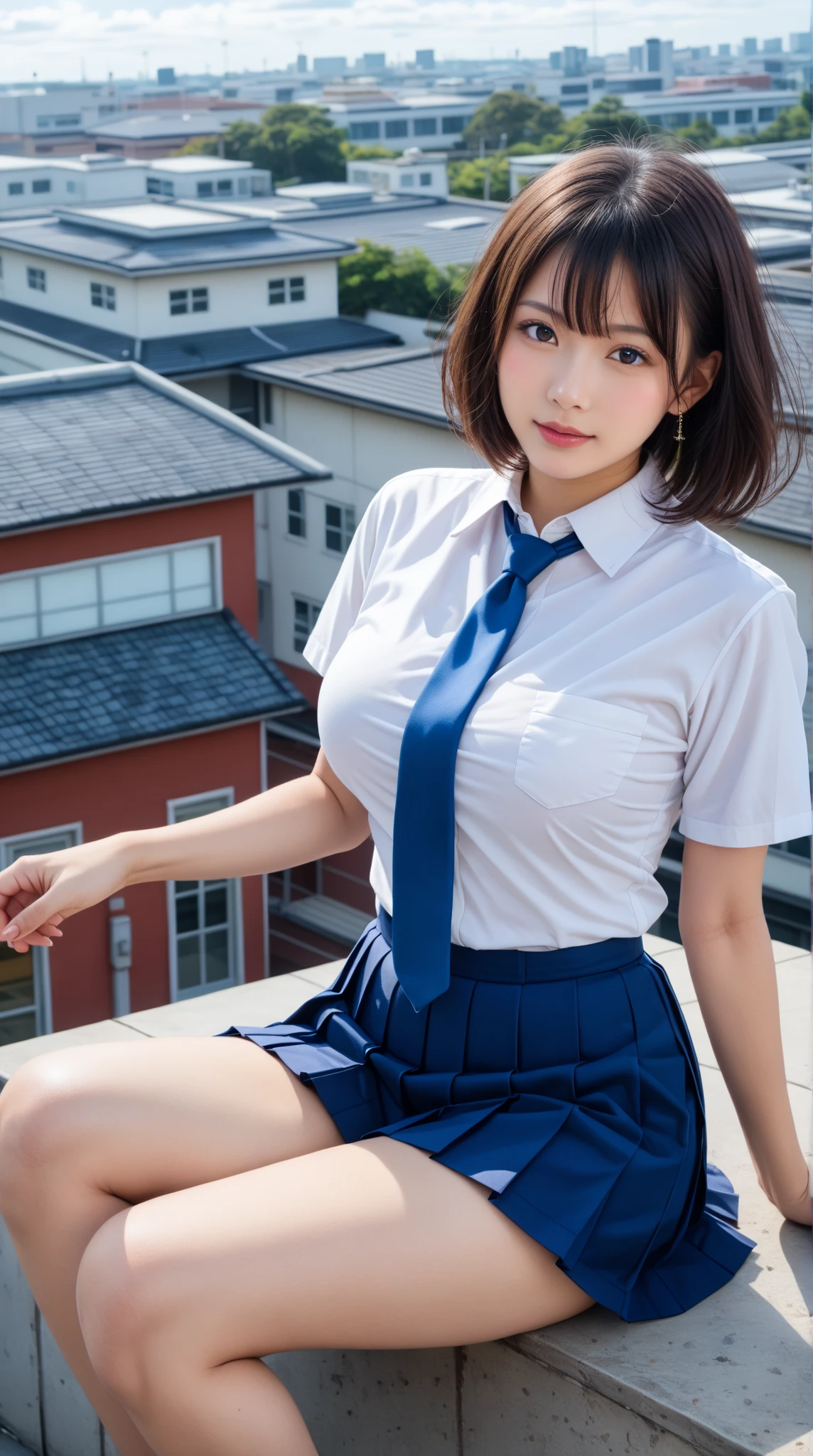 (8k,Ultra-high resolution,Highest quality,masterpiece,Realistic,Ultra-high resolution,High-quality RAW color photos,Professional photos,Realistic,Realistic),Natural skin texture,Fine skin,Hyperrealism,Intricate details,Adult women,Eye highlights.Lip gloss,Glossy Lips,(Cute smile,Short Hair,Dark blonde hair,bangs),(((gigantic breast,Big Breasts))),(Schoolgirl uniform,(White Cutter Shirt,Thong),Azure check patterned pleated mini skirt,tie),Urban area,((face focus,Staring at the audience,spread legs,Squat)),((((windy up skirt,Panty shot))))