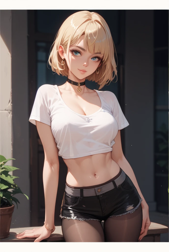 age girl 18 years old, model, blonde, bob haircut, bangs, make-up, manicure, brown eyes, tanned, wearing a cropped top and very short shorts, nice figure, long legs, hot summer, sweating heavily, girl chained and shackled, girl's hands behind her back handcuffed and chained, handcuffed, hands tied behind her back, captive, slave, captivity, dungeon, imprisonment, sweaty armpits