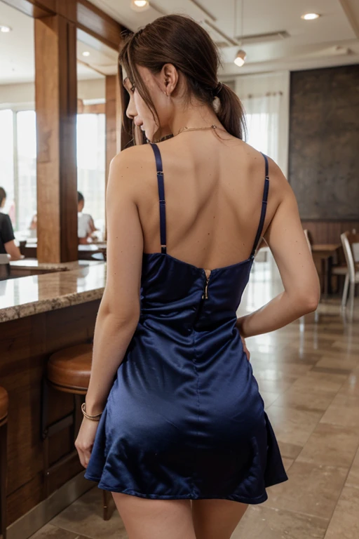 ((young girl))((ten bride))((12ear-girl (wearing a ((short)), ((((bodycon))) satin wedding dress) (standing in a ballroom, around tables) (long earrings), (long braided ponytail), (facing forward)