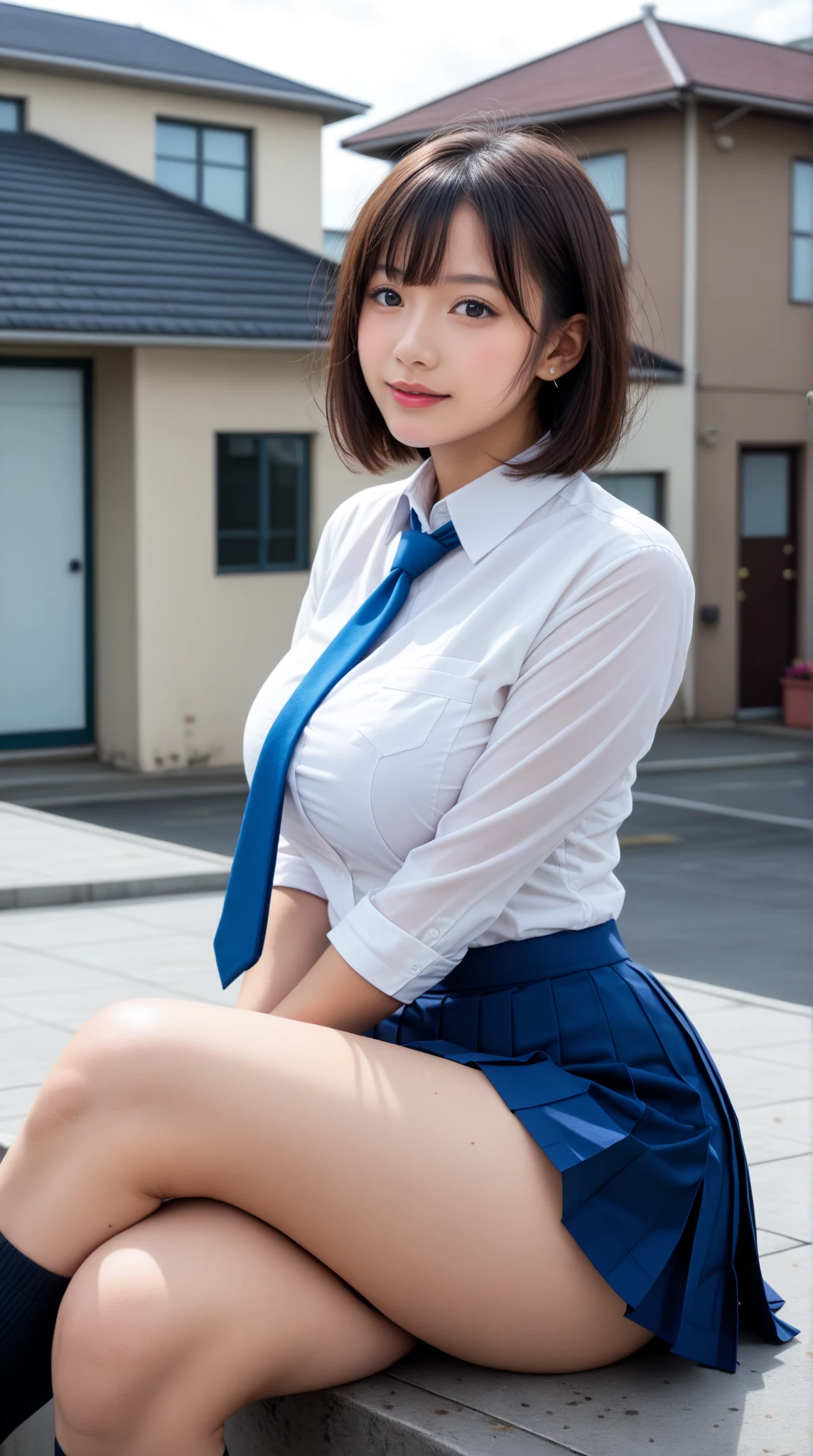 (((NSFW)))、((top-quality、8K、masterpiece: 1.3))、Realistic, extremely detailed CG unified 8k wallpaper, ighly detailed, High-definition raw color photos, professional photograpy, Realistic portrait, Cinematic Light, Perfect Body Beauty: 1.4、Slender Abs: 1.2、Hands behind、crouching down、Slightly exposed panties、Exposed cleavage、18year old、((top-quality、8K、masterpiece:1.3))、1girl in、full body Esbian、Slim Faces、Pretty women、(Dark brown short-cut hair)、hyperdetailed face、A detailed eye、二重まぶた、blured background、Slim Faces、takeout、a street、Highly detailed facial and skin texture、A detailed eye、二重まぶた、A smile:1.5、(Colossal tits:1.3)、hyperdetailed face、very detailed lips、toward to the camera、opens legs、top-quality、masterpiece、超A high resolution、(Photorealsitic:1.4)、Cosplay、hi-school girl、student clothes、Check skirt、Pubic hair is visible、、Boldly pull up the skirt、Naughty Cosplay、hi-school girl、校服、White pante、Panties are visible、wearing skirt、ultra-detailliert、(((pantyshot)))、(((Spread your legs apart)))、(((student clothes)))、(((Put your hands behind your back)))、(((Racy panties)))、(((On the platform of the station)))、(((hi-school girl)))、(((I'm wearing a light blue shirt)))、(((I'm wearing sneakers)))、((Student Bag))