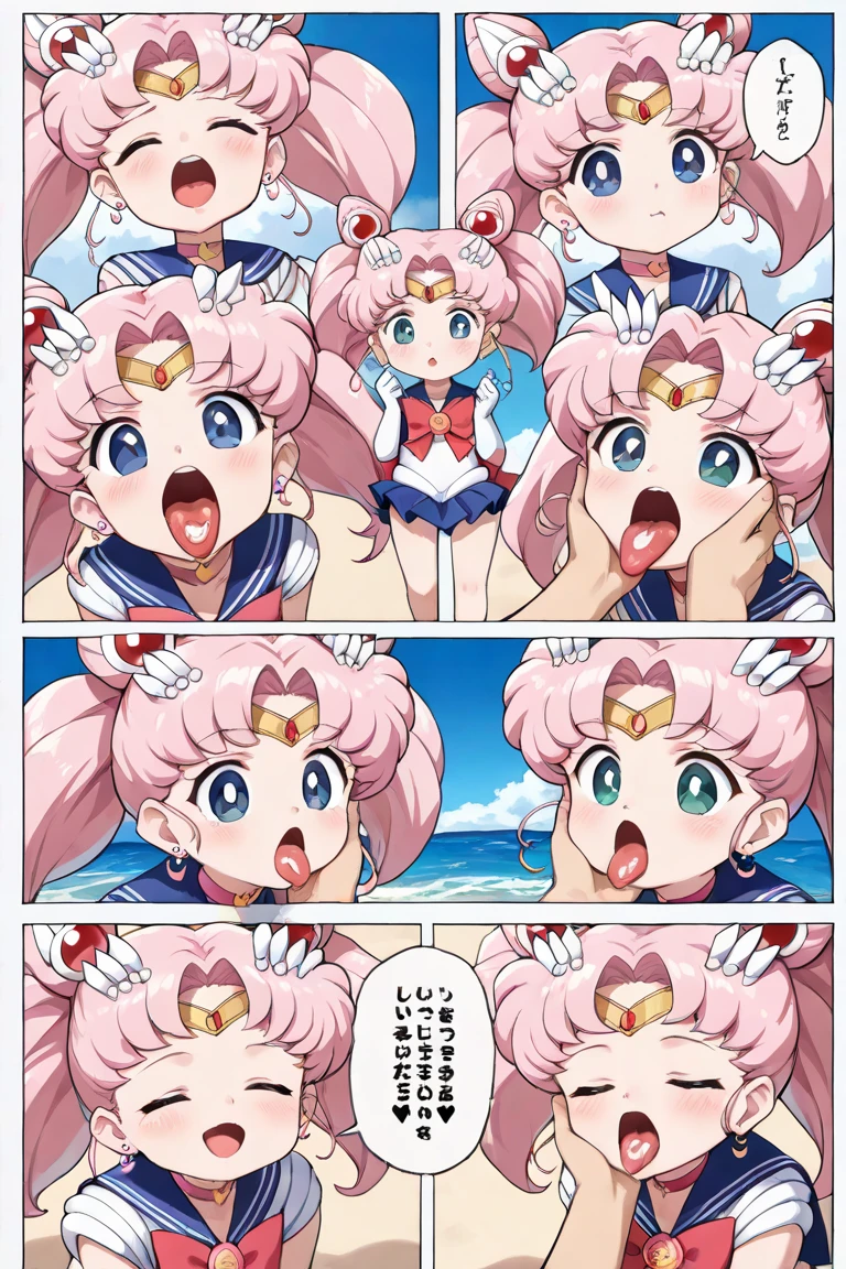 (((Clothed, midsummer beach))), (Chibi-Usa, Sailor Chibi-Moon alone), (Link alone), eyes closed, orgasm face, mouth open, tongue out, on tongue, semen on tongue, small amount of semen, drool, touching cheek with one hand, close-up of mouth、Speech bubble