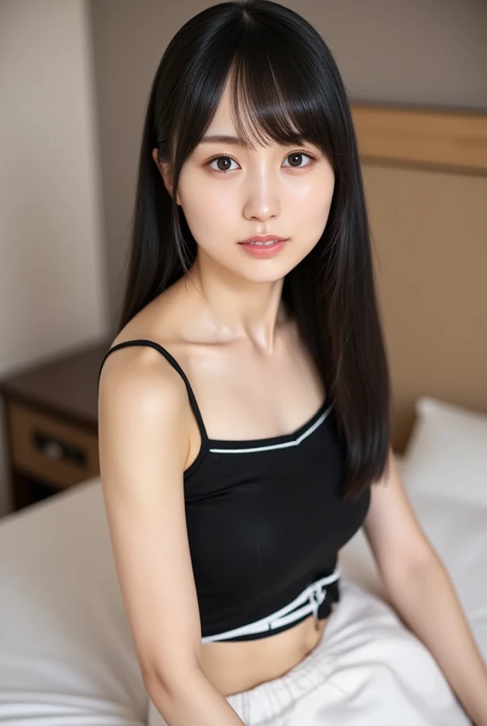 A Japanese girl in her 20s with long black hair、The outfit is a tight dress、Looking straight ahead and smiling in his room、