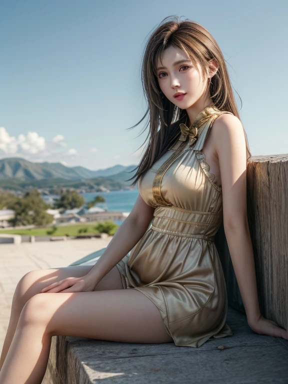 8K ultra hd, masterpiece, Best quality, 1 girl, beautiful face, cute smile, very long hair, hair ornaments, detailed eyes, small breasts, very beautiful dress, golden dress, golden lace, criss-cross strap dress, loops in dress, jewelry, clouds and mountain background, high resolution, Dramatic lighting, blurred foreground, sitting,