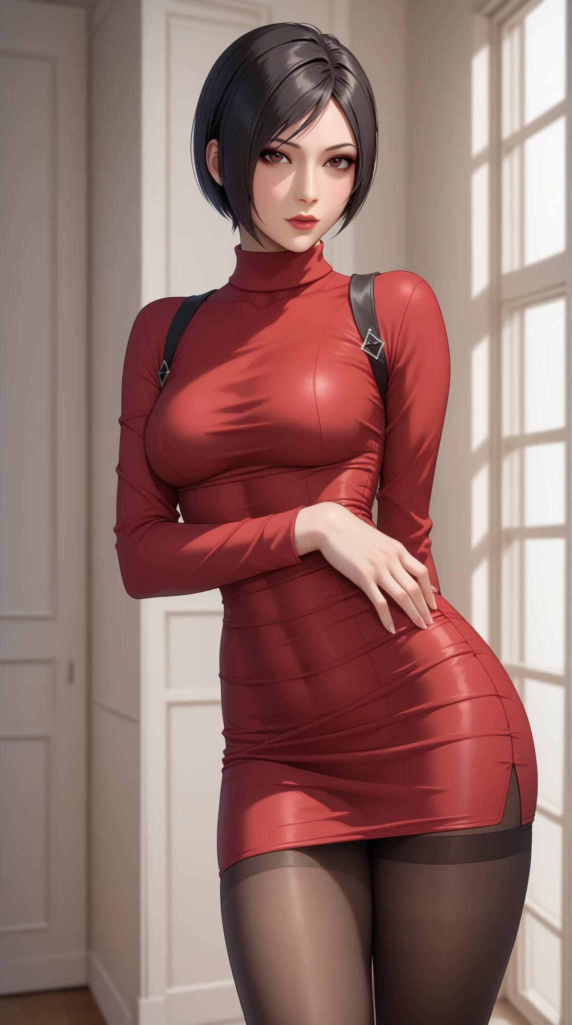 (score_9, score_8_up, score_7_up,) source_anime, RE4, red sweater dress, turtleneck, ribbed sweater, thigh high boots, pantyhose, harness, red eyes, eyepatch, eyeliner, lipstick, long black hair, Nyantcha style, rating_explicit