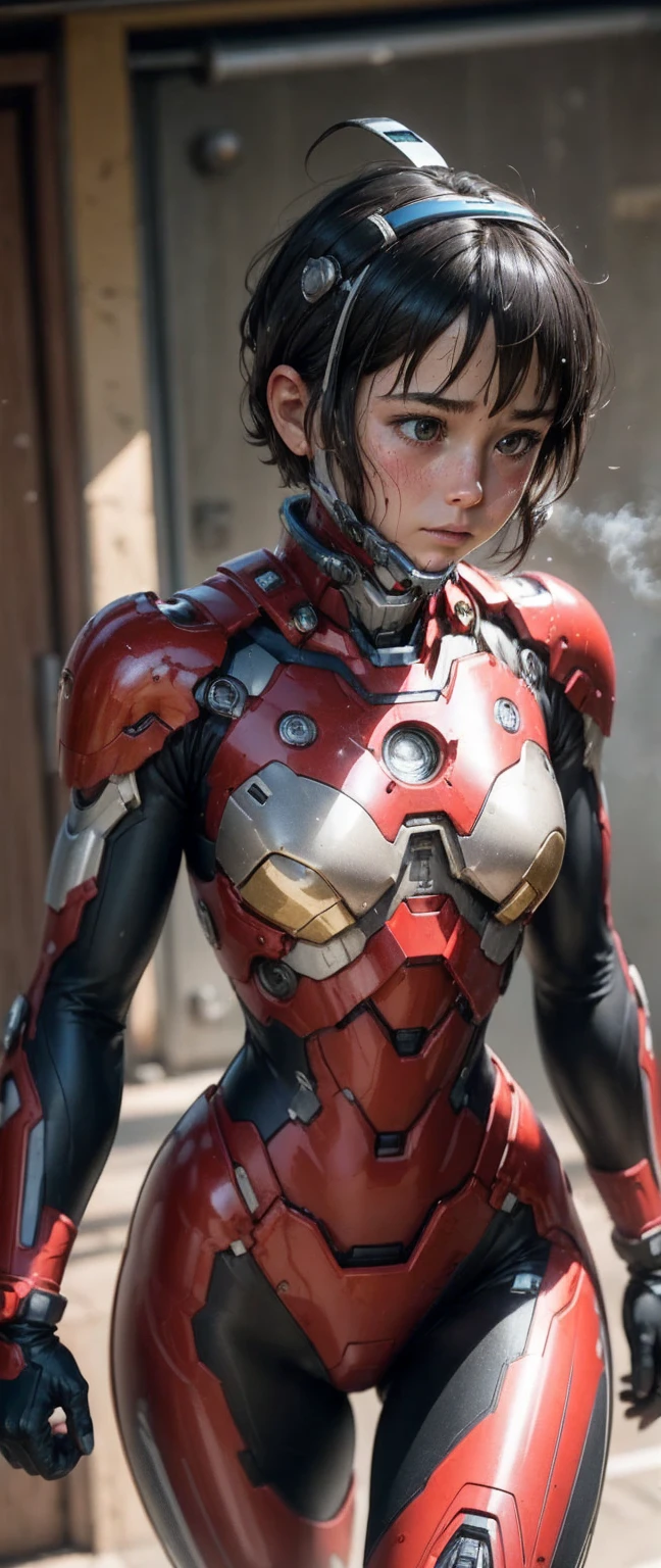 Highest quality 8k Iron Man suit girl girl Sweaty face cute short hair boyish Steam coming from the head My hair is wet with sweat Black hair feel Full body portrait Ecstatic expression Kissing Face smile Drooling dripping from the mouth look up bare hands Lying in bed ((Spread your legs wide)) I can see the vagina Front view